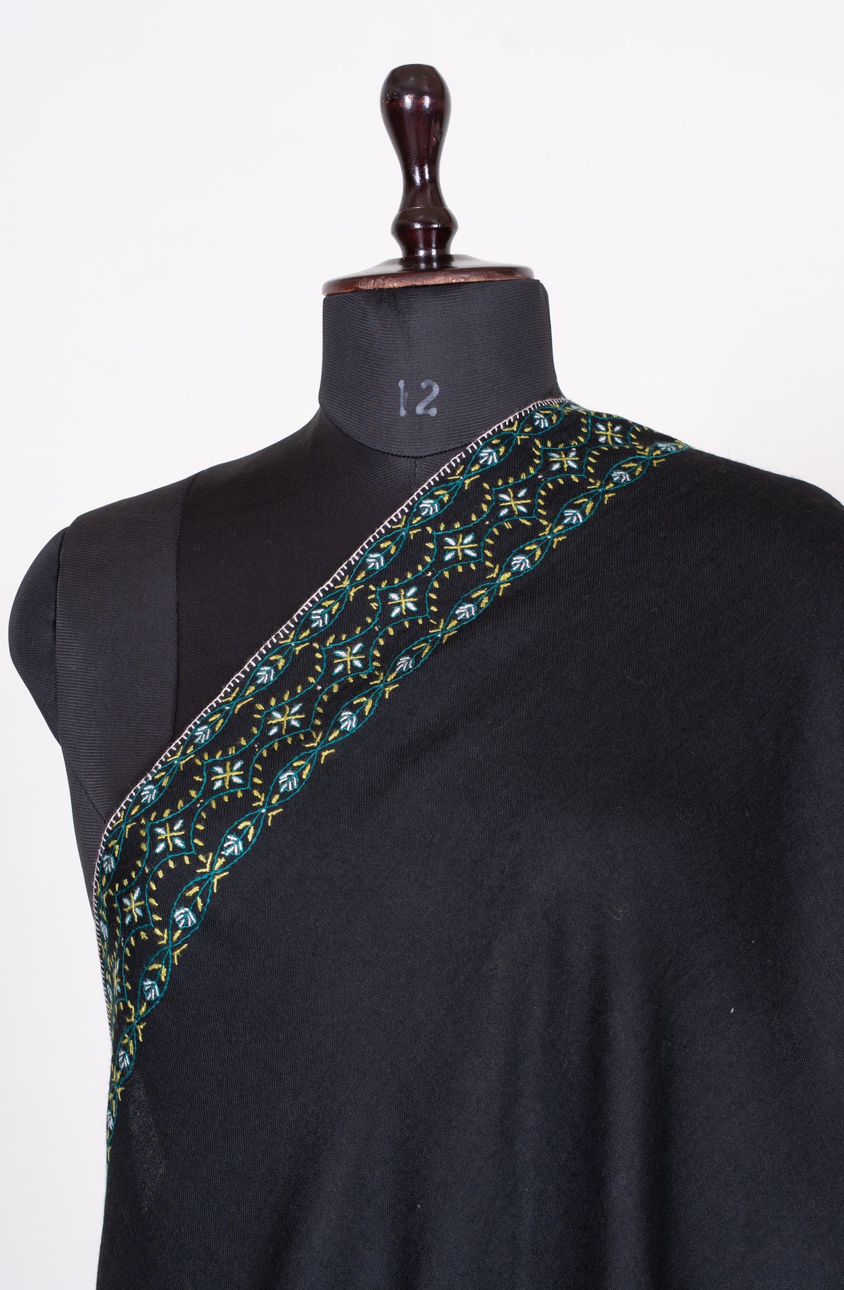 Midnight Peacock Fine Merino Wool Shawl with Multicolored Sozni Hand Embroidered Paisleys
