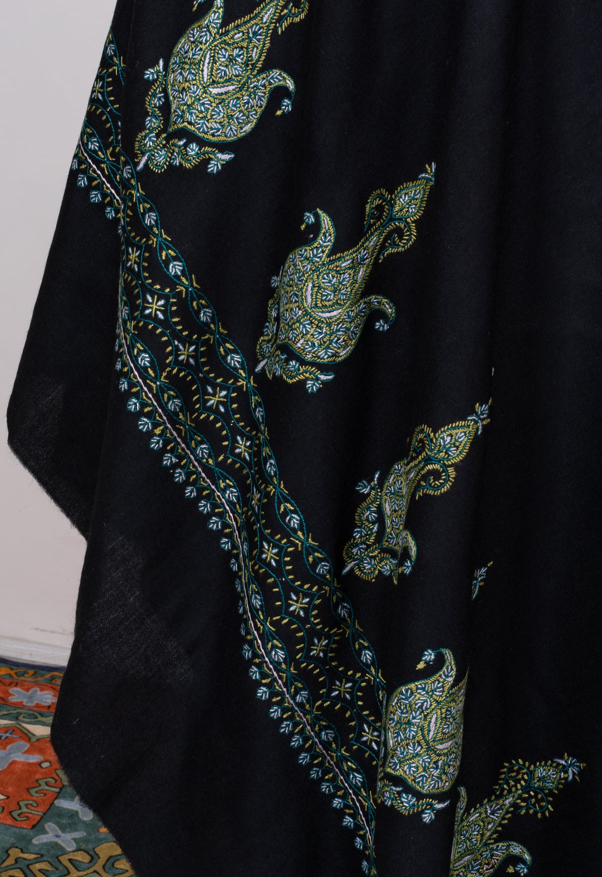 Midnight Peacock Fine Merino Wool Shawl with Multicolored Sozni Hand Embroidered Paisleys