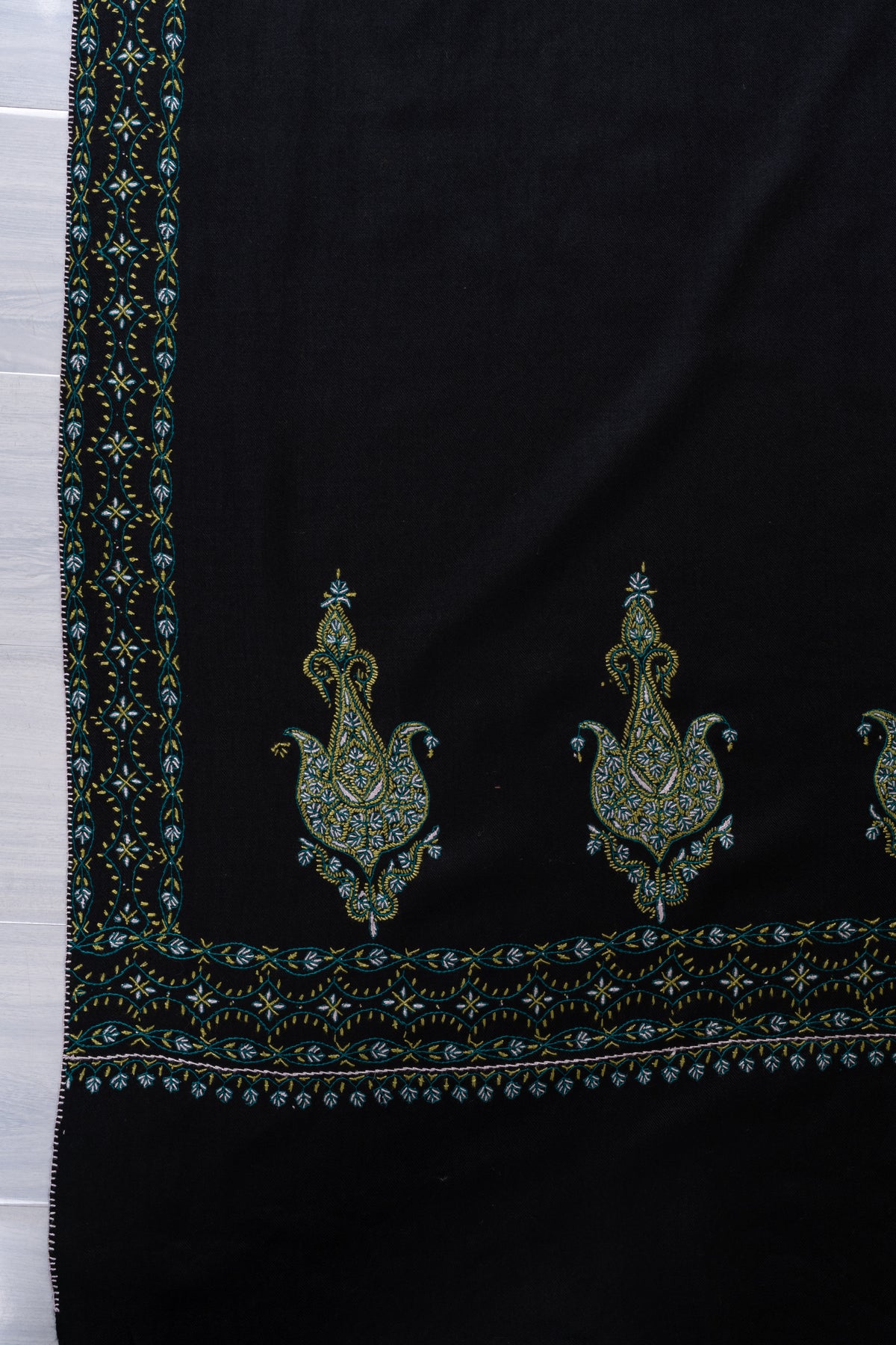 Midnight Peacock Fine Merino Wool Shawl with Multicolored Sozni Hand Embroidered Paisleys