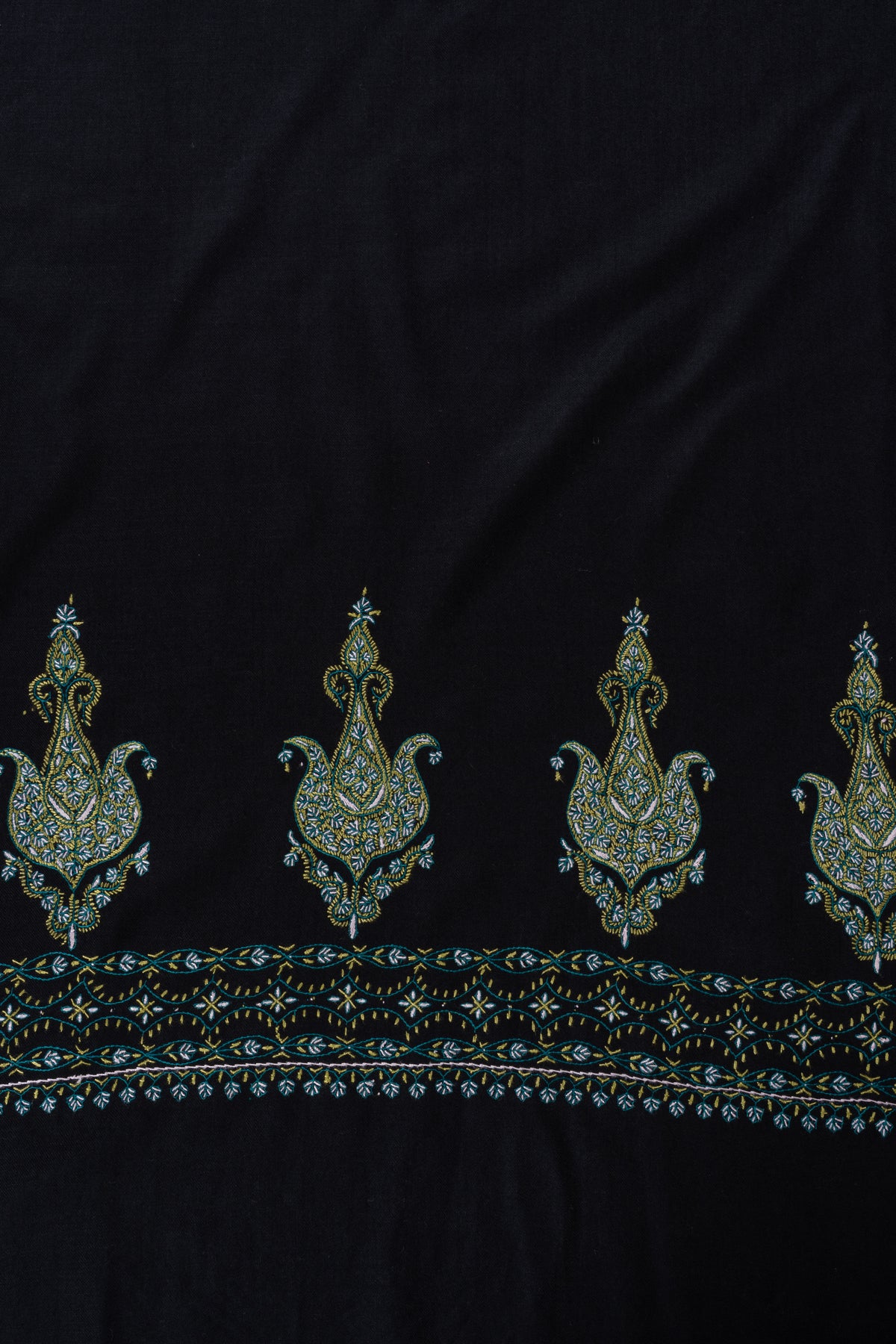 Midnight Peacock Fine Merino Wool Shawl with Multicolored Sozni Hand Embroidered Paisleys