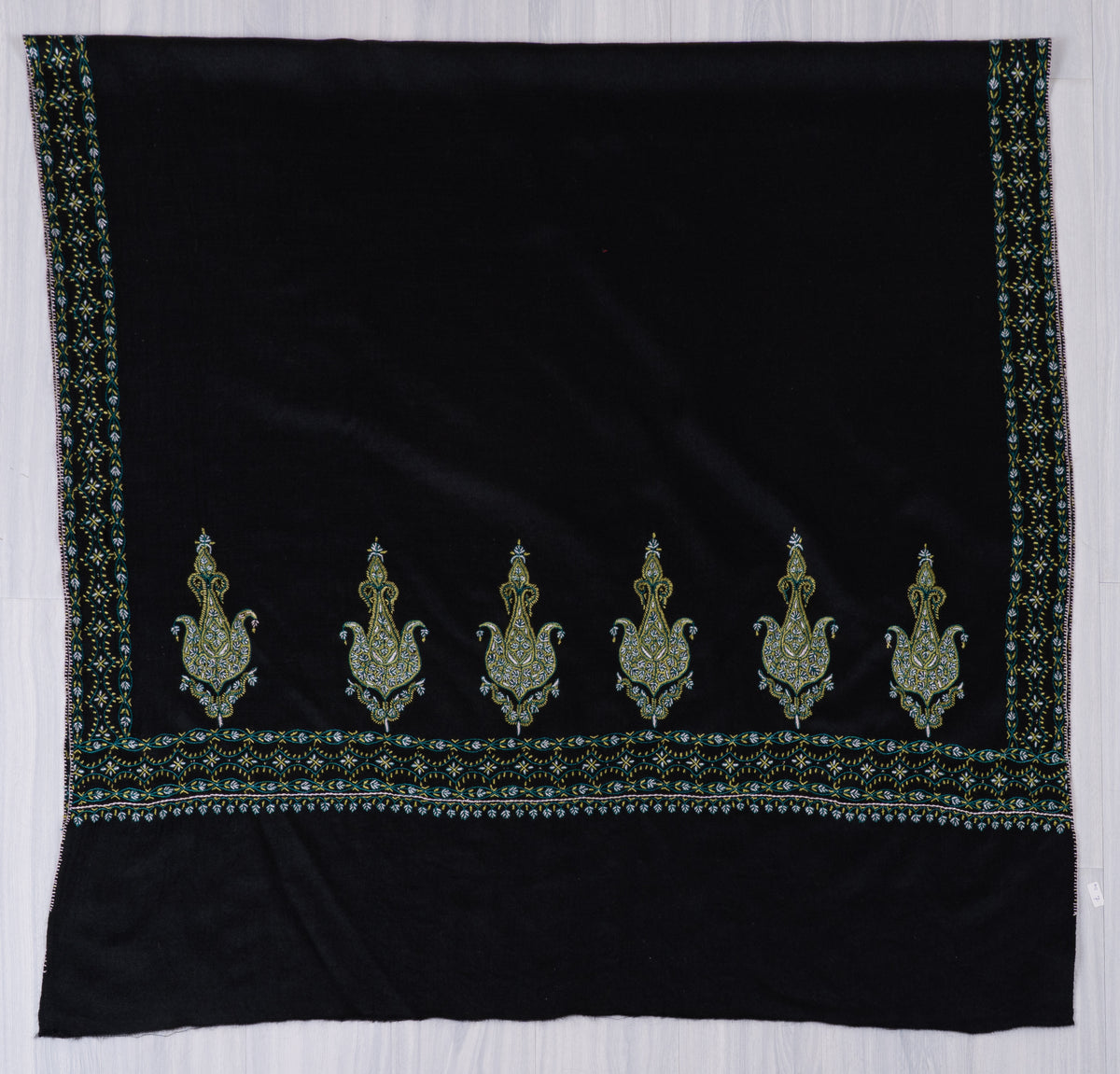 Midnight Peacock Fine Merino Wool Shawl with Multicolored Sozni Hand Embroidered Paisleys