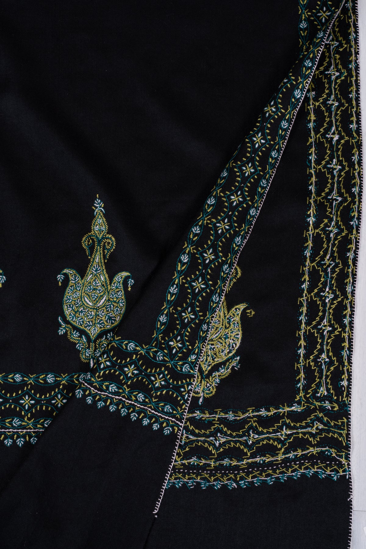 Midnight Peacock Fine Merino Wool Shawl with Multicolored Sozni Hand Embroidered Paisleys
