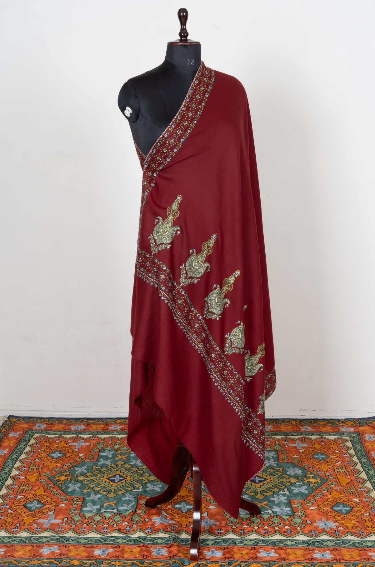 Ruby Heritage Fine Merino Wool Shawl with Sozni Hand Embroidered Ornamental Paisleys