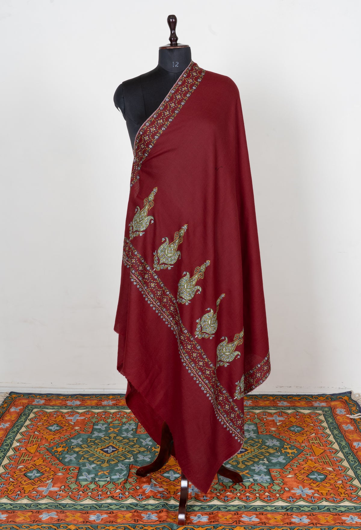 Ruby Heritage Fine Merino Wool Shawl with Sozni Hand Embroidered Ornamental Paisleys