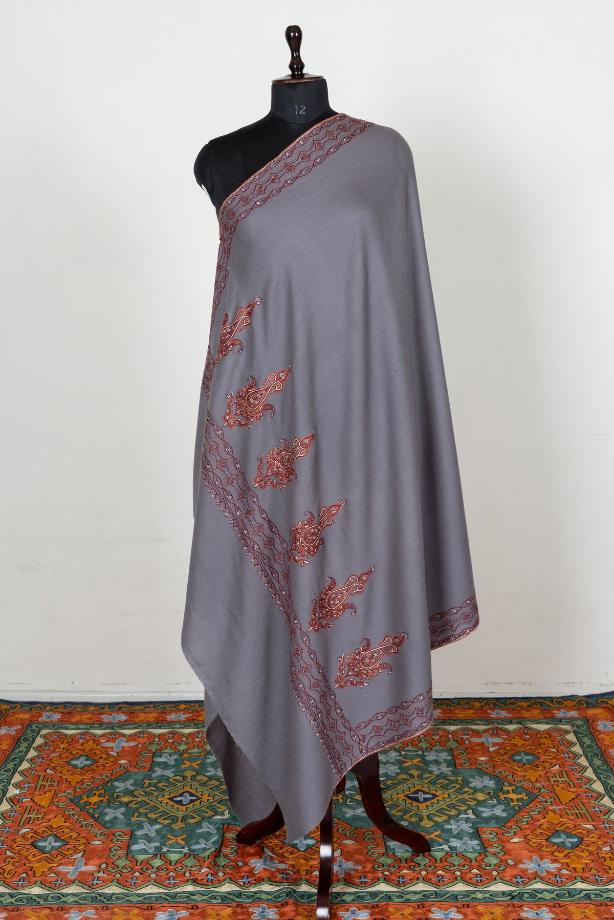 Silver Ash Fine Merino Wool Shawl with Rust Sozni Hand Embroidered Paisley Borders