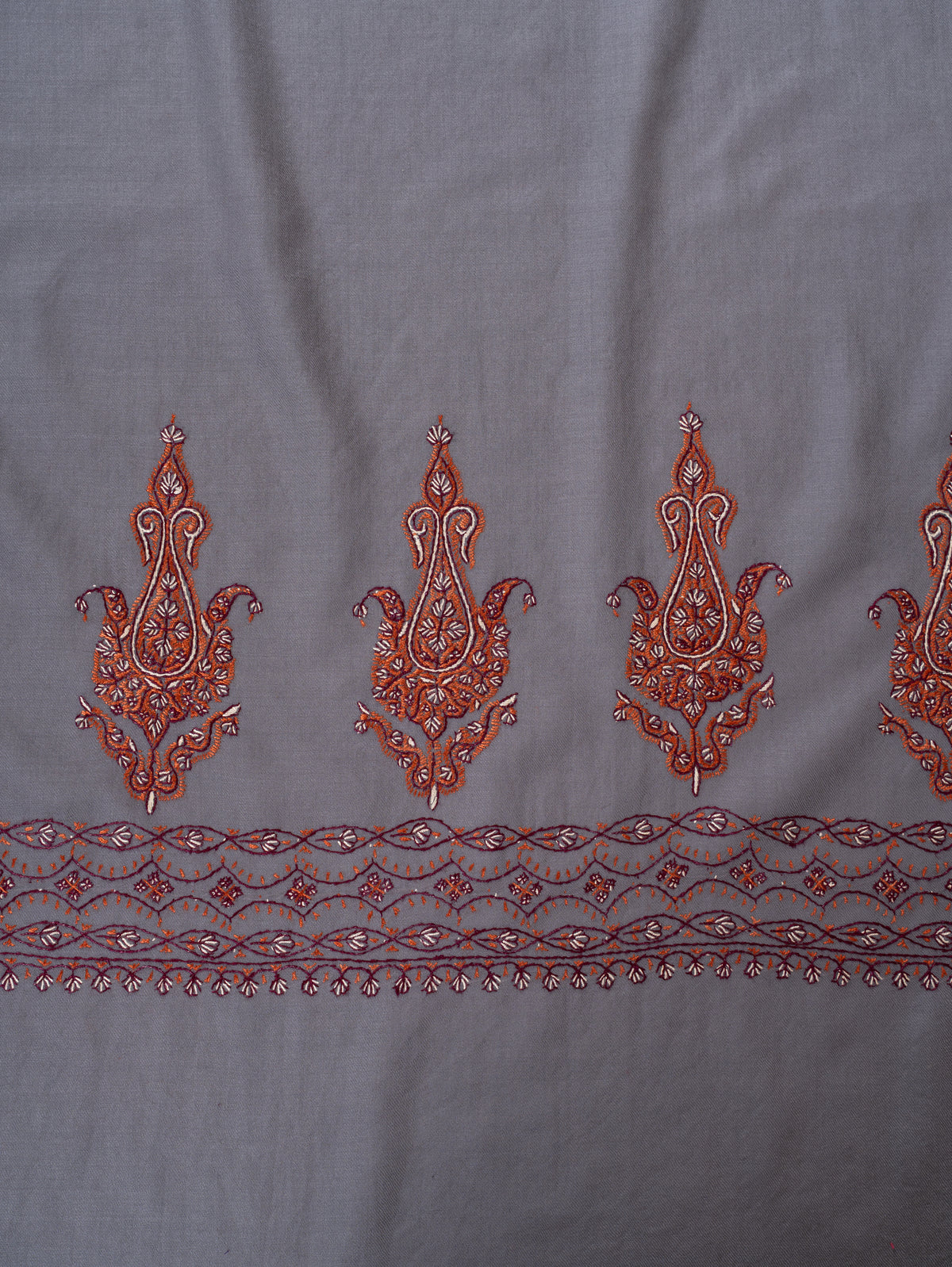 Silver Ash Fine Merino Wool Shawl with Rust Sozni Hand Embroidered Paisley Borders