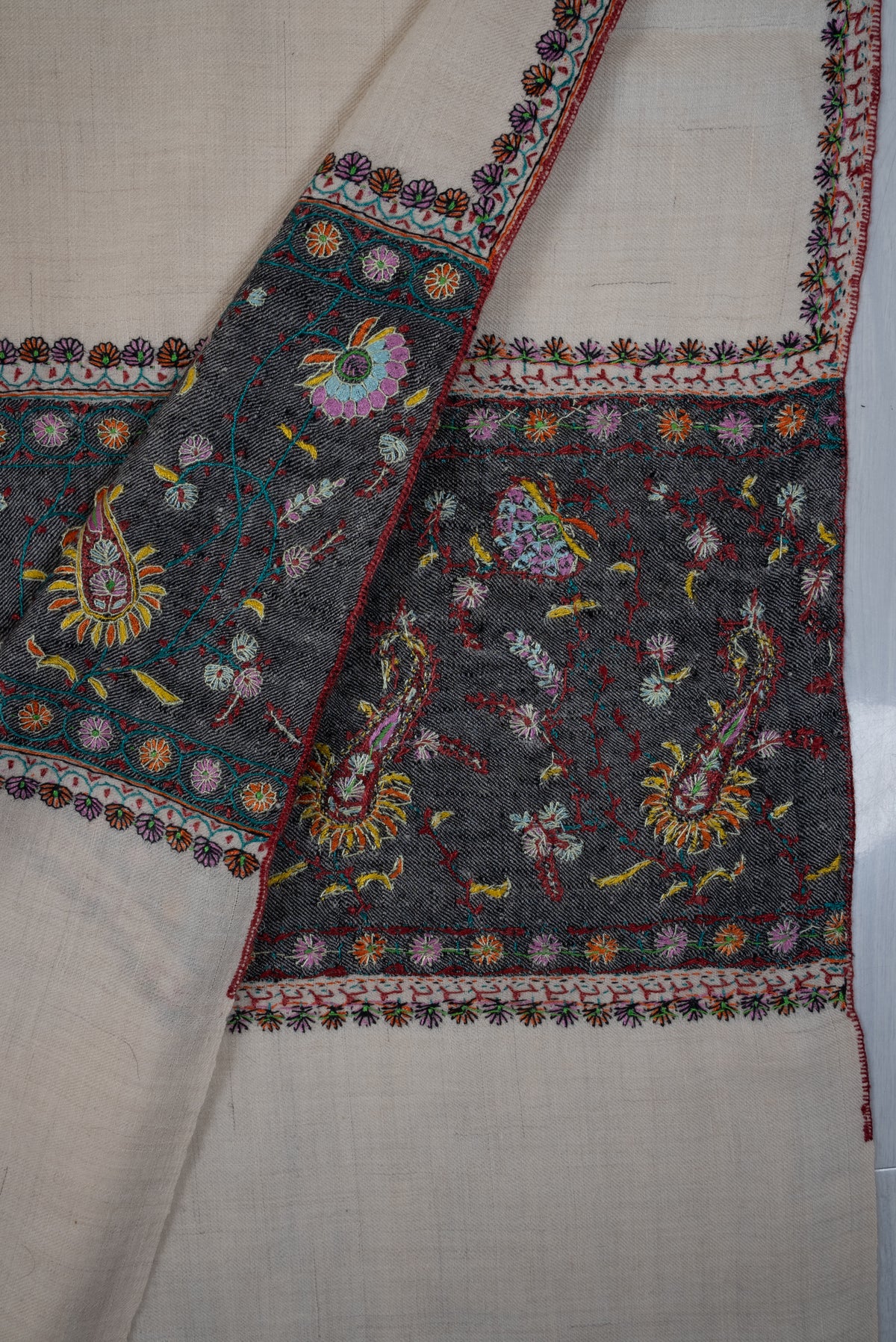 Ivory Meadow Hand Embroidered Pure Pashmina Shawl