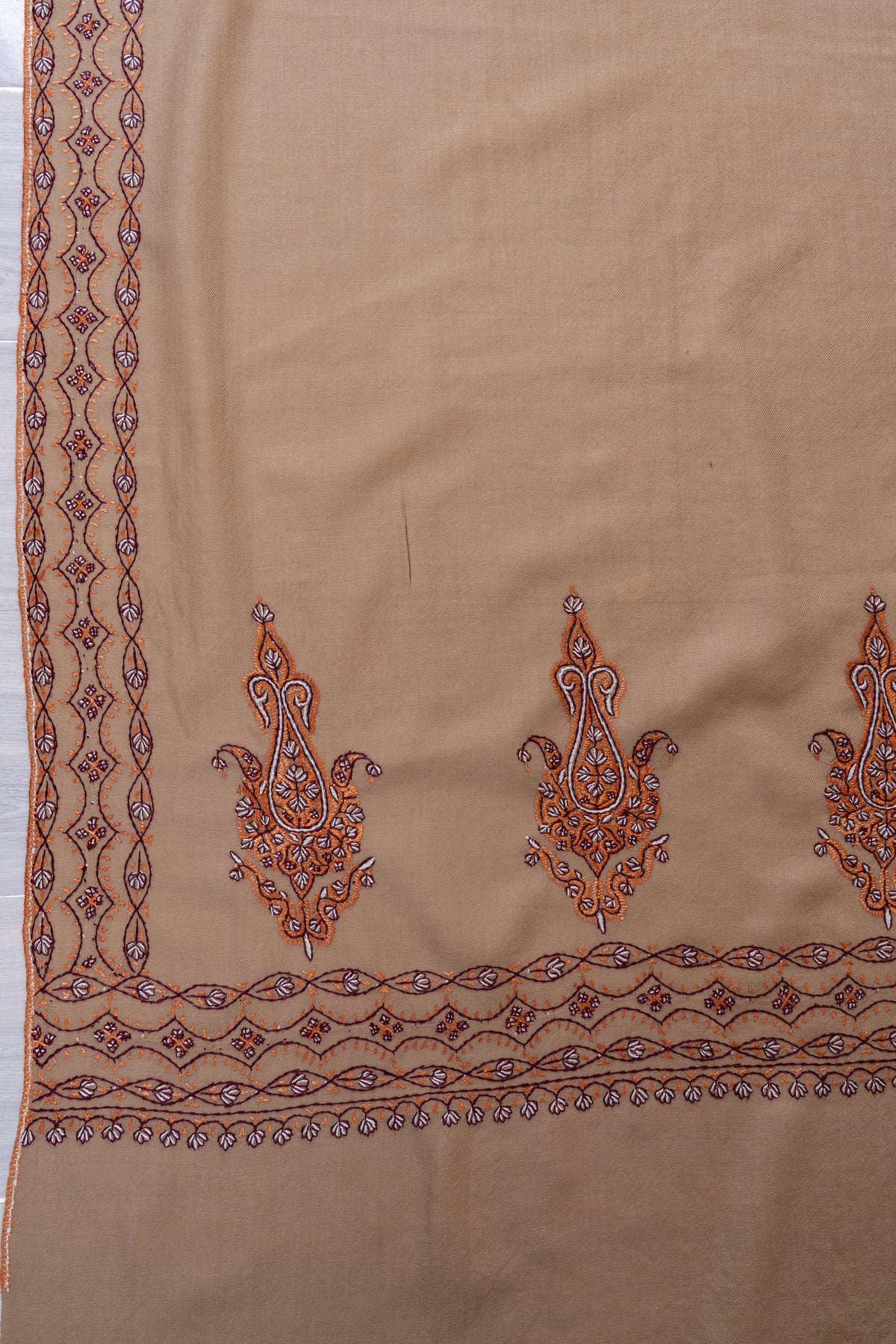 Desert Copper Fine Merino Wool Shawl with Sozni Hand Embroidered Ornamental Paisleys