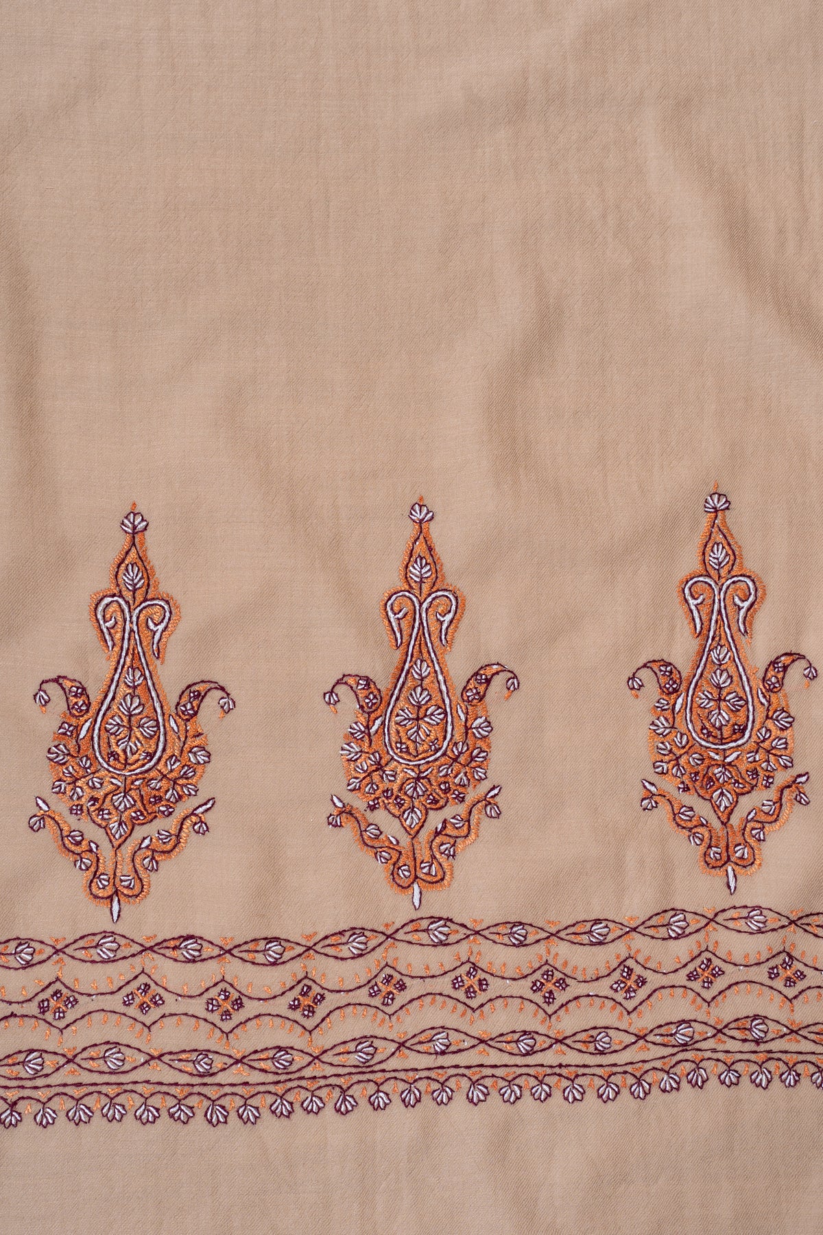 Desert Copper Fine Merino Wool Shawl with Sozni Hand Embroidered Ornamental Paisleys
