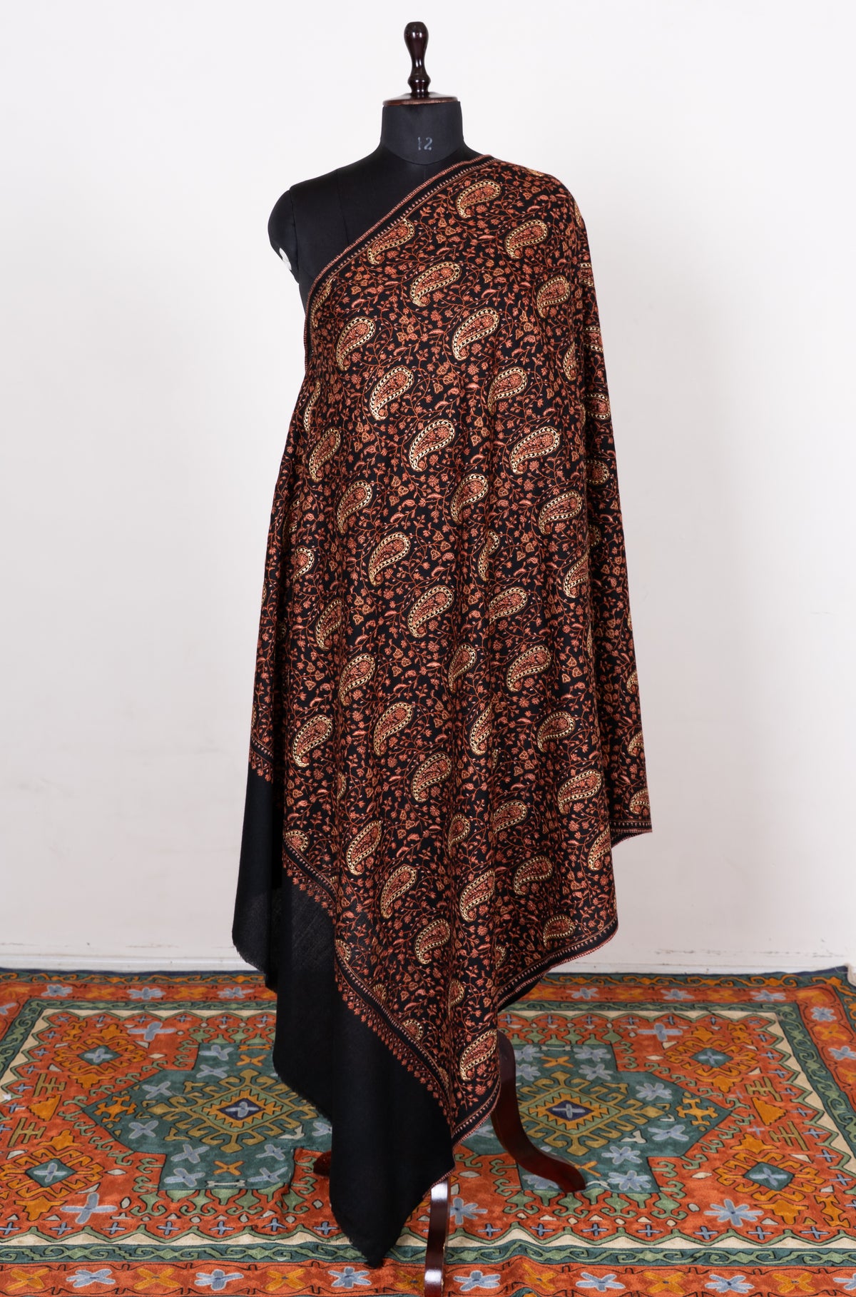 Copperwood Tapestry Fine Merino Wool Shawl with Sozni Hand Embroidered Paisley and Floral Patterns