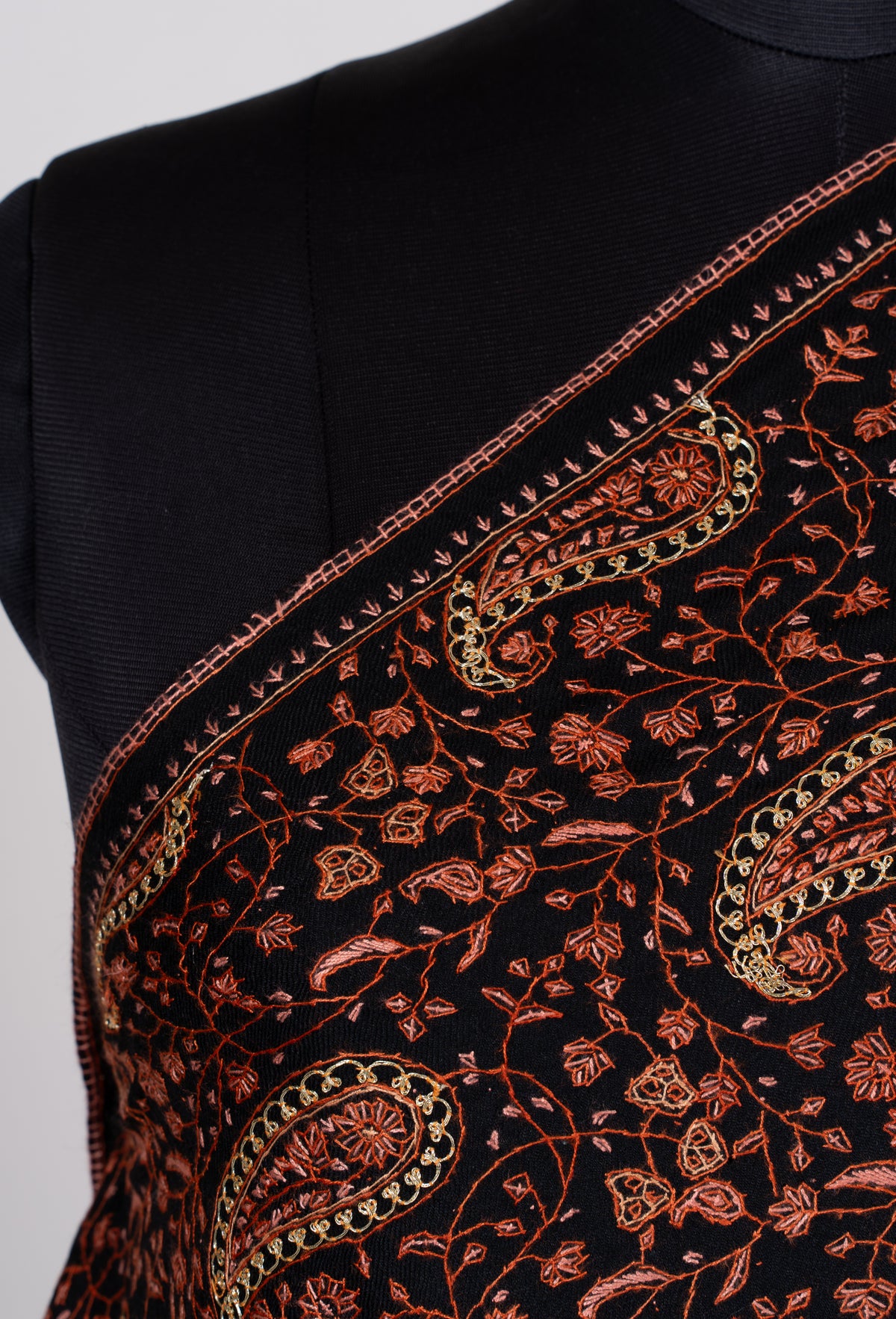 Copperwood Tapestry Fine Merino Wool Shawl with Sozni Hand Embroidered Paisley and Floral Patterns