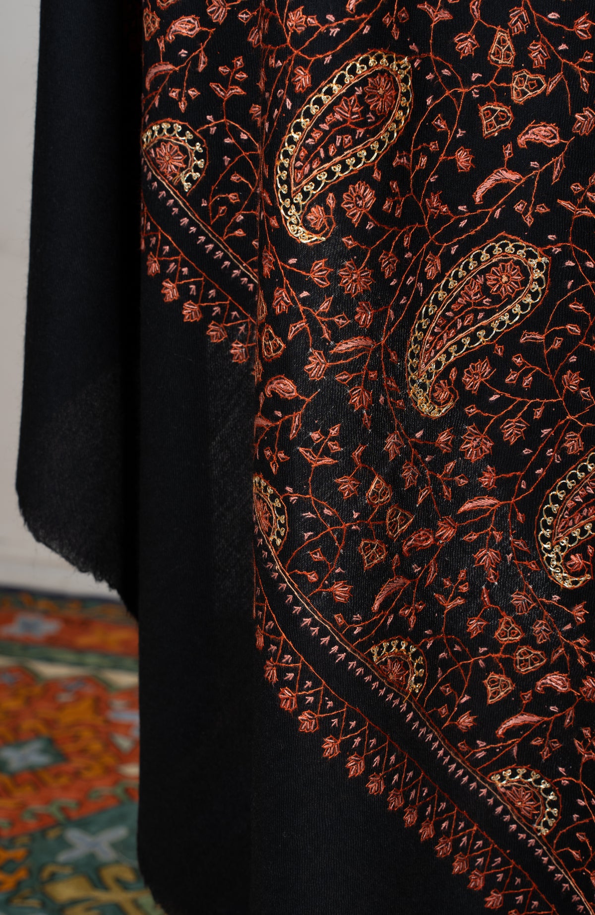 Copperwood Tapestry Fine Merino Wool Shawl with Sozni Hand Embroidered Paisley and Floral Patterns