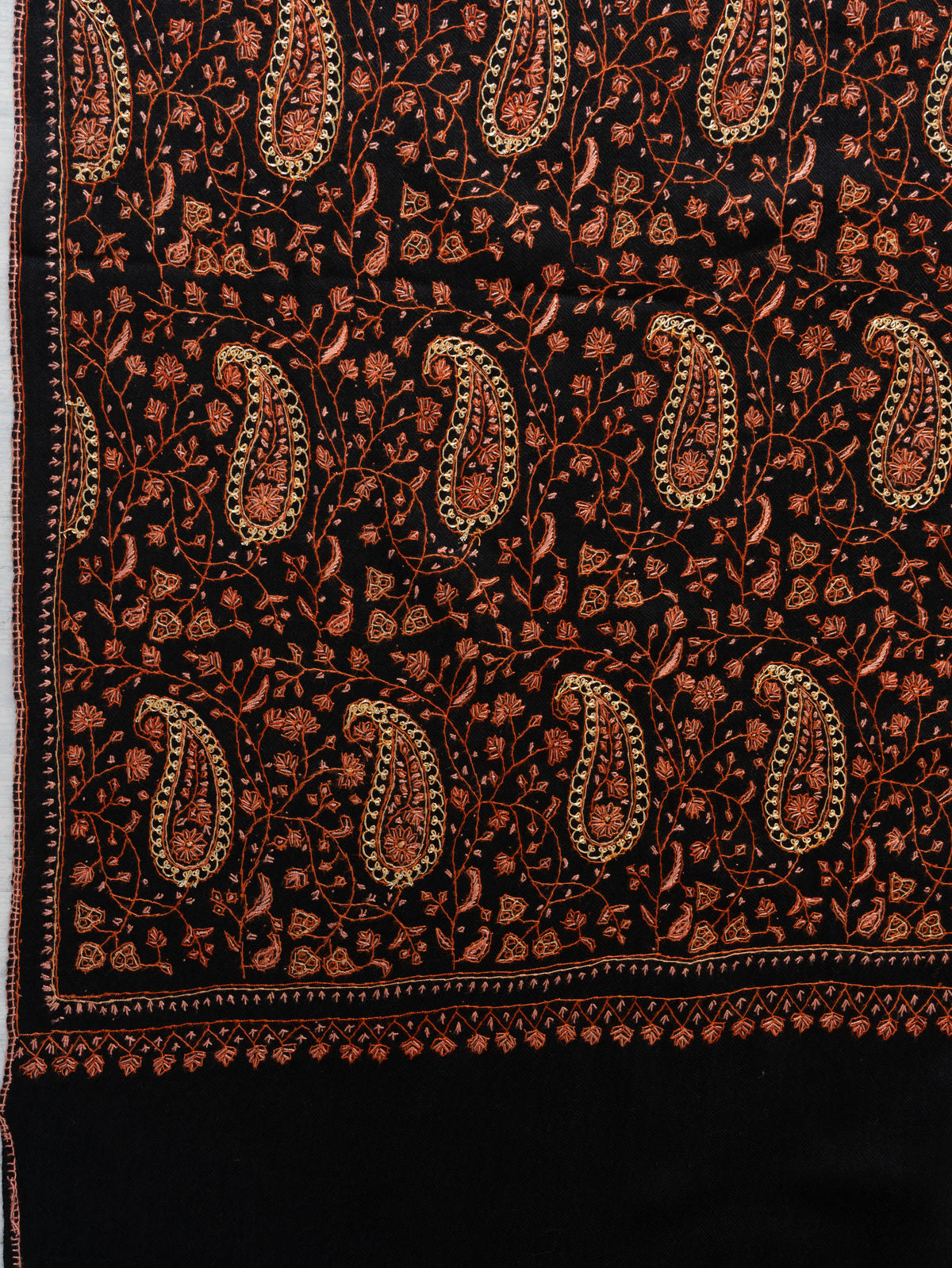 Copperwood Tapestry Fine Merino Wool Shawl with Sozni Hand Embroidered Paisley and Floral Patterns