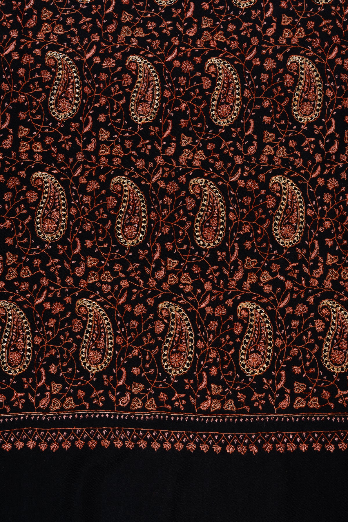 Copperwood Tapestry Fine Merino Wool Shawl with Sozni Hand Embroidered Paisley and Floral Patterns