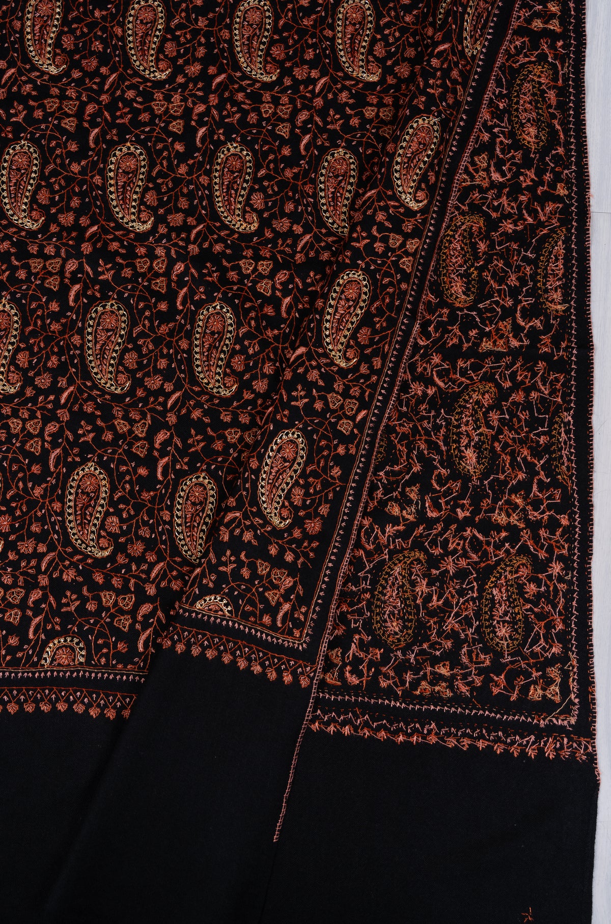 Copperwood Tapestry Fine Merino Wool Shawl with Sozni Hand Embroidered Paisley and Floral Patterns