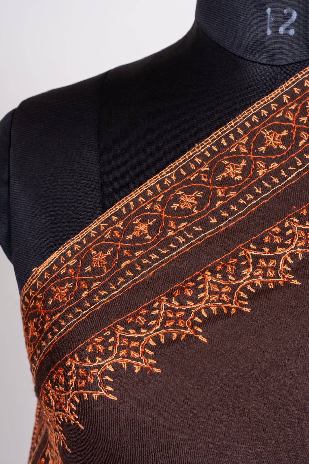 Amber Twilight Fine Merino Wool Shawl with Copper Sozni Hand Embroidered Ornamental Borders