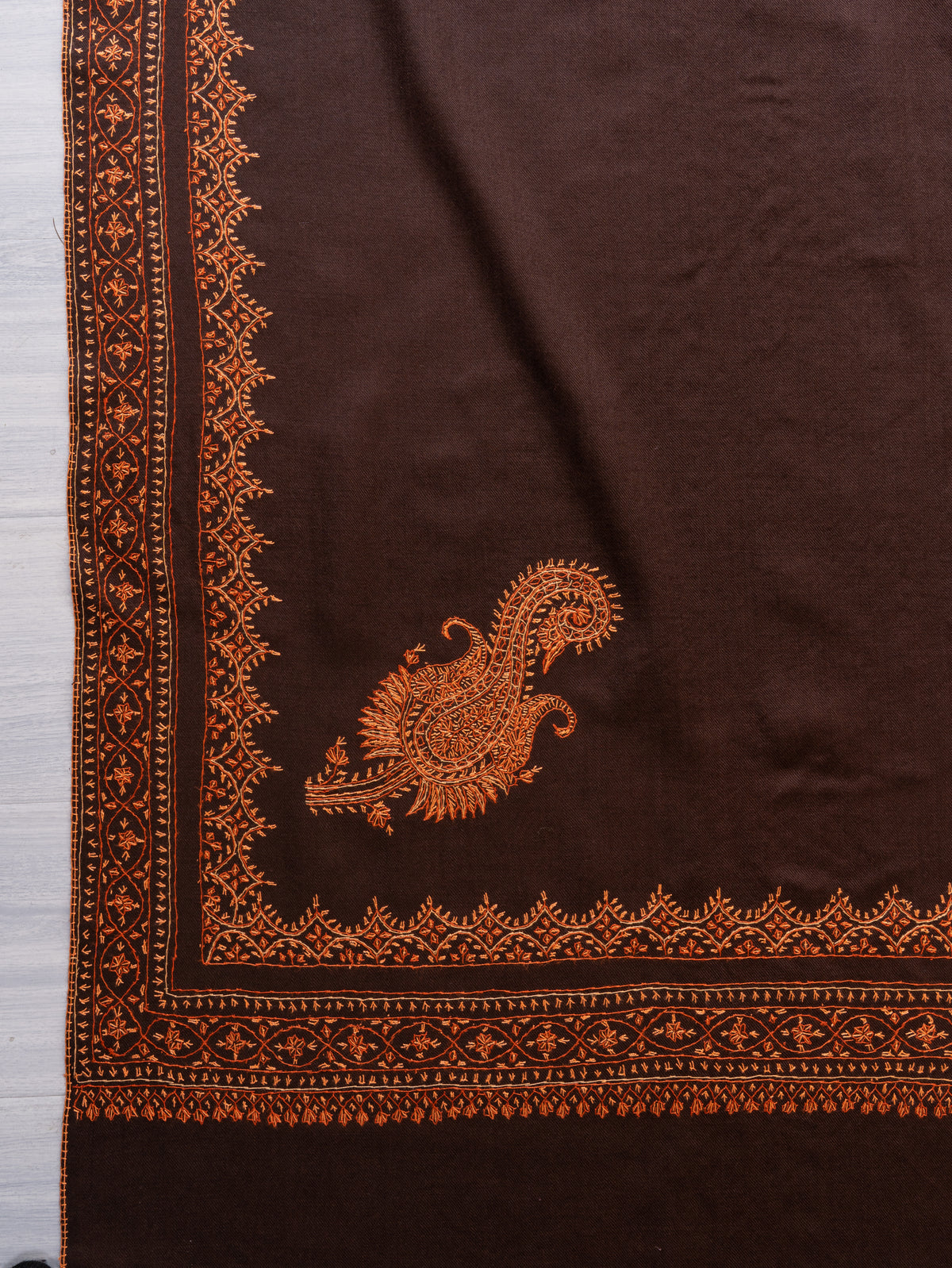 Amber Twilight Fine Merino Wool Shawl with Copper Sozni Hand Embroidered Ornamental Borders