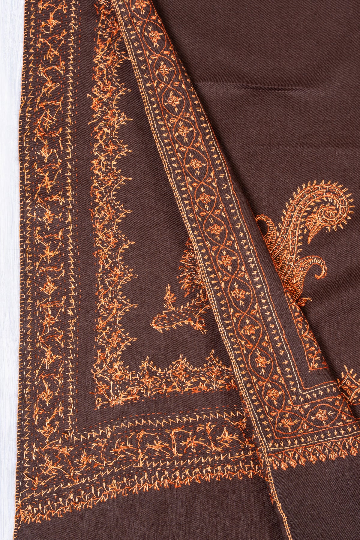 Amber Twilight Fine Merino Wool Shawl with Copper Sozni Hand Embroidered Ornamental Borders