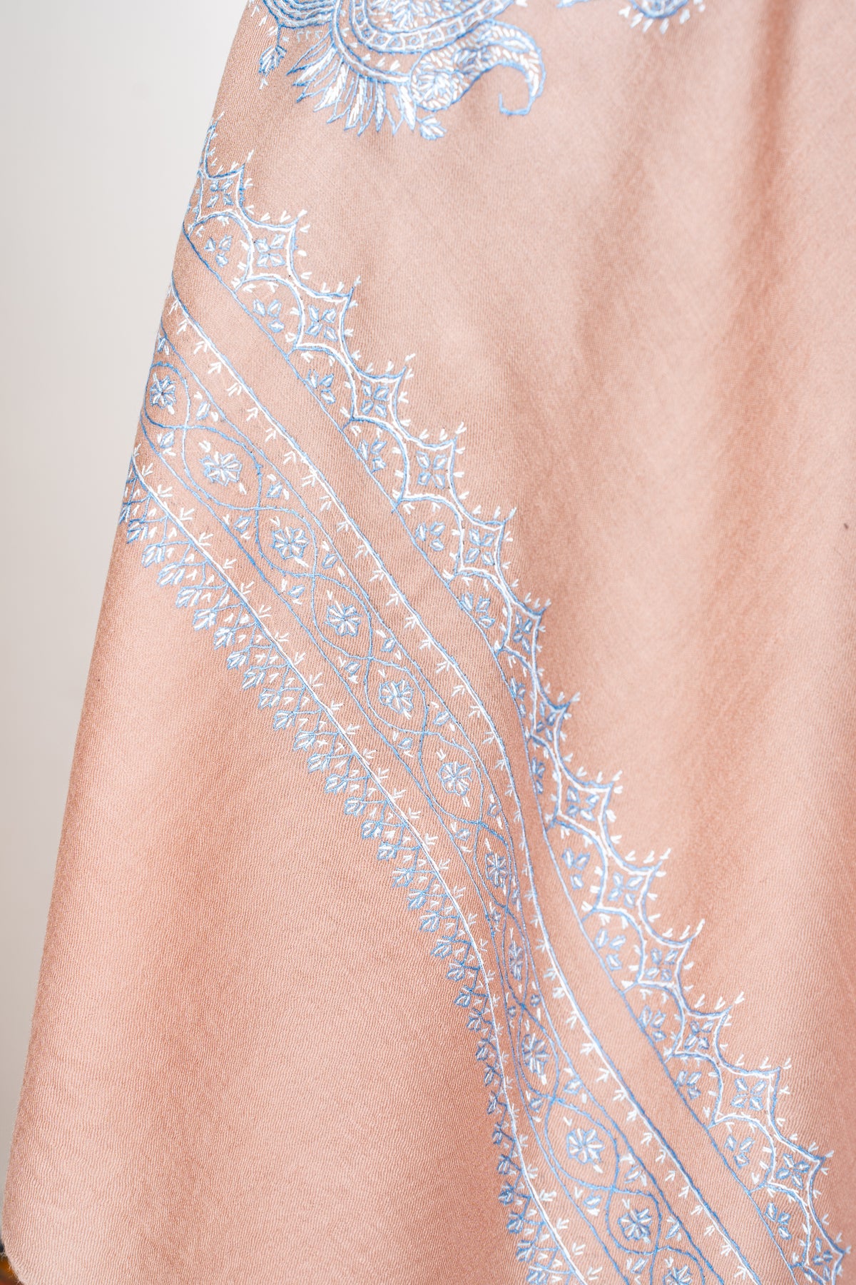 Rosewood Frost Fine Merino Wool Shawl with Silver Blue Sozni Hand Embroidered Borders