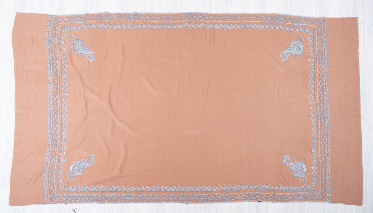 Rosewood Frost Fine Merino Wool Shawl with Silver Blue Sozni Hand Embroidered Borders