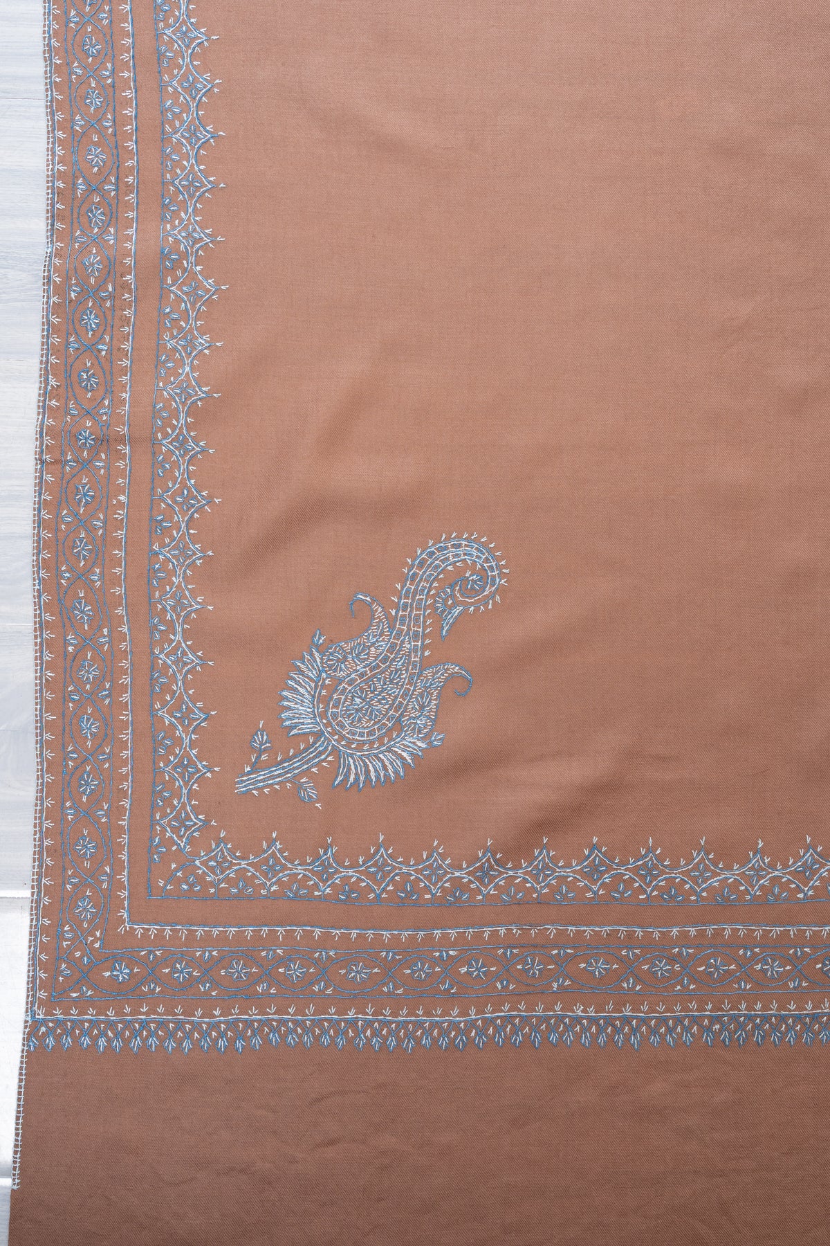 Rosewood Frost Fine Merino Wool Shawl with Silver Blue Sozni Hand Embroidered Borders