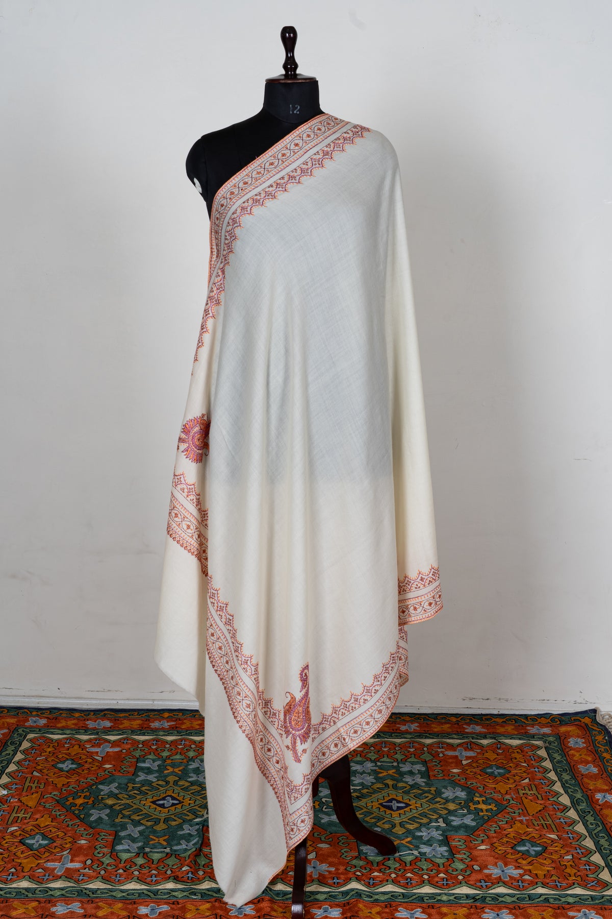 Ivory Sunset Fine Merino Wool Shawl with Coral Sozni Hand Embroidered Ornamental Borders