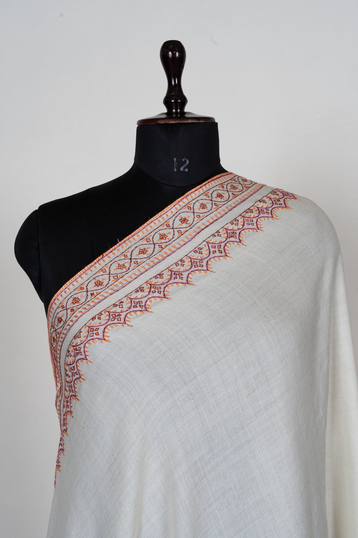 Ivory Sunset Fine Merino Wool Shawl with Coral Sozni Hand Embroidered Ornamental Borders