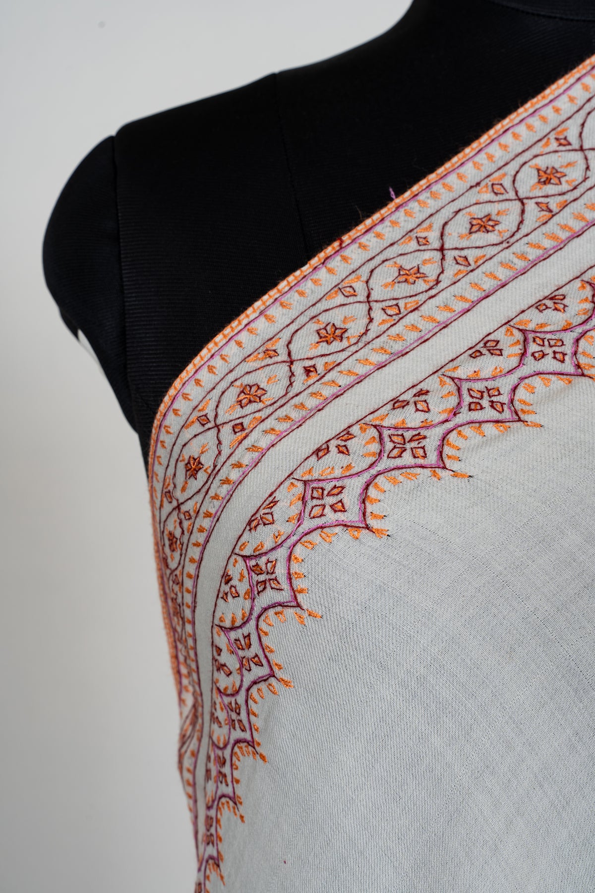 Ivory Sunset Fine Merino Wool Shawl with Coral Sozni Hand Embroidered Ornamental Borders