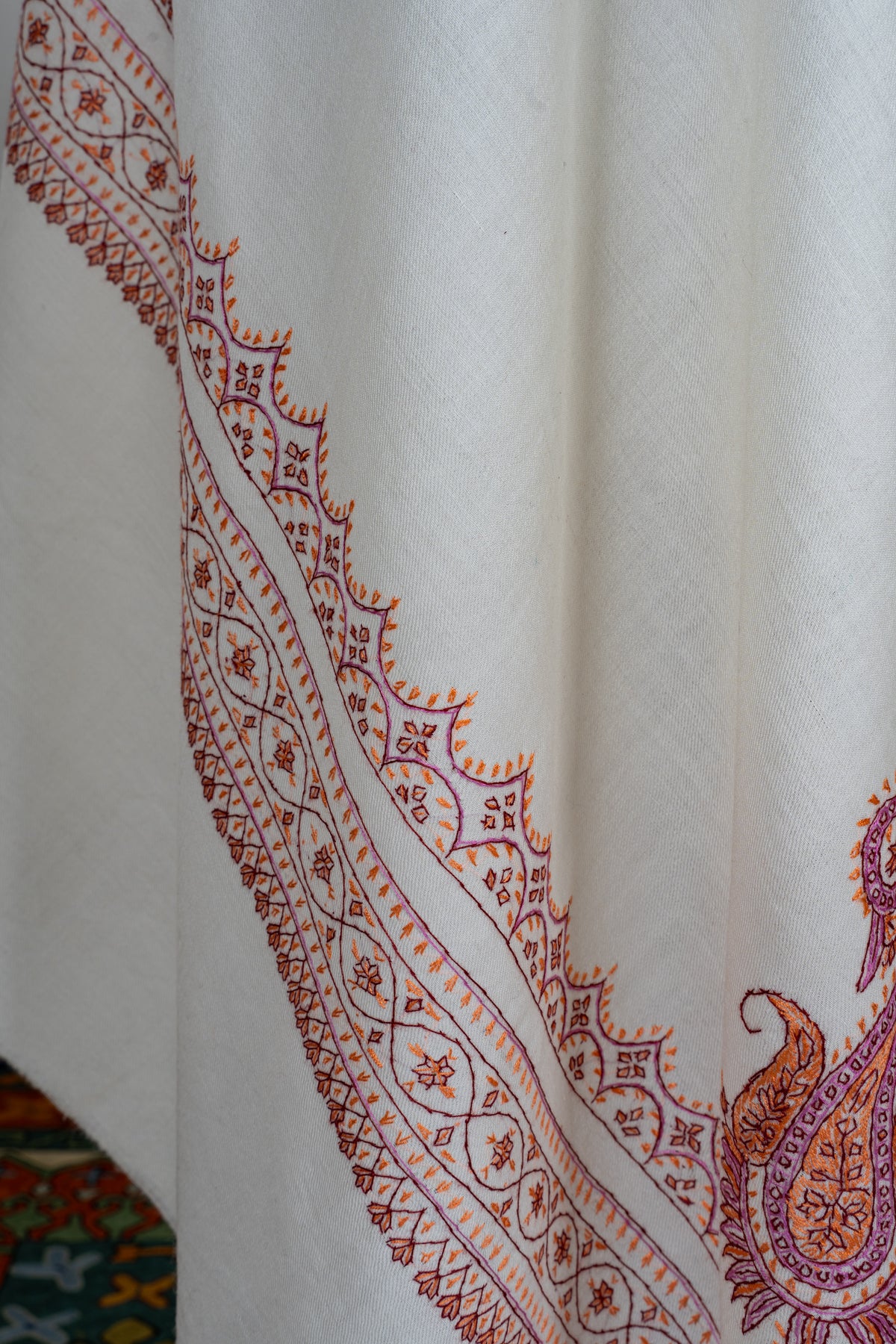 Ivory Sunset Fine Merino Wool Shawl with Coral Sozni Hand Embroidered Ornamental Borders