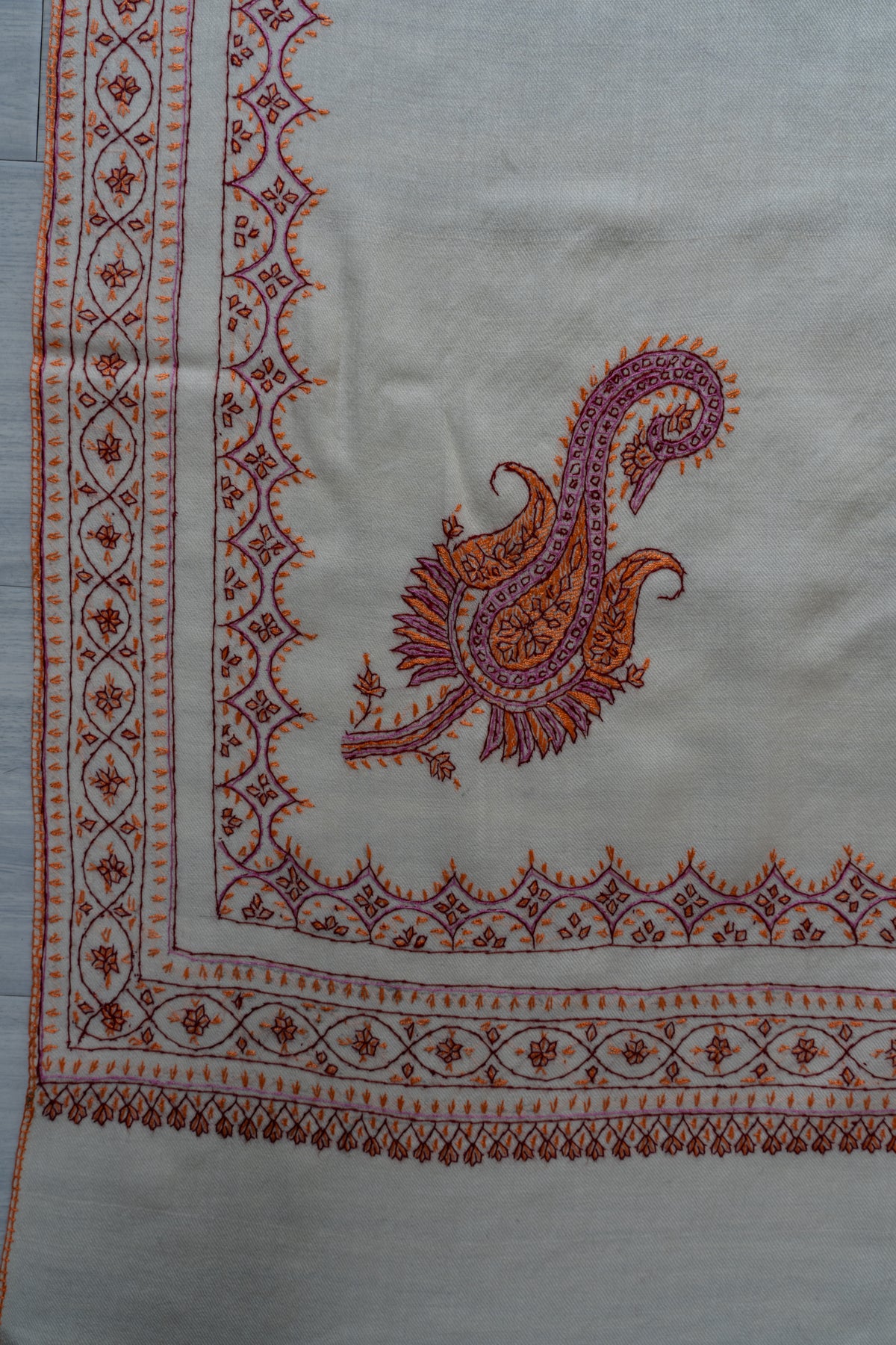 Ivory Sunset Fine Merino Wool Shawl with Coral Sozni Hand Embroidered Ornamental Borders