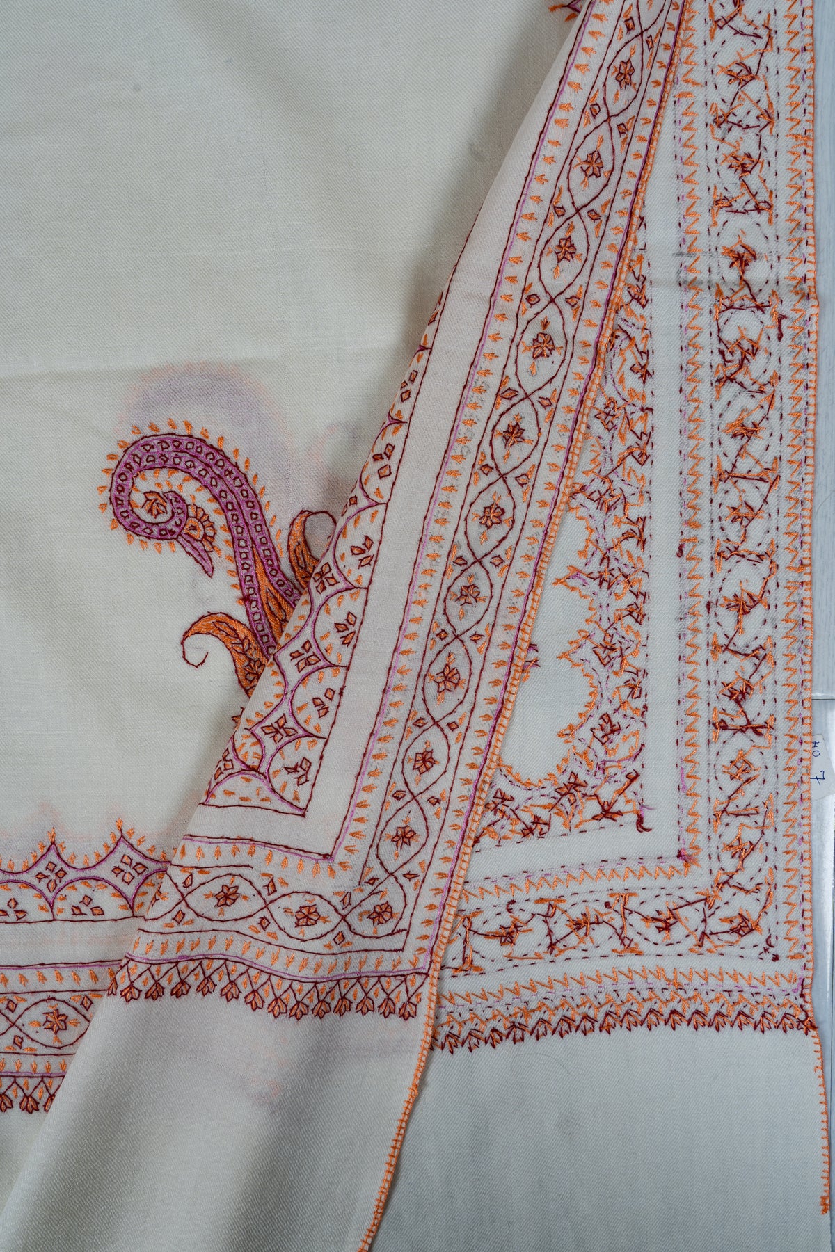 Ivory Sunset Fine Merino Wool Shawl with Coral Sozni Hand Embroidered Ornamental Borders