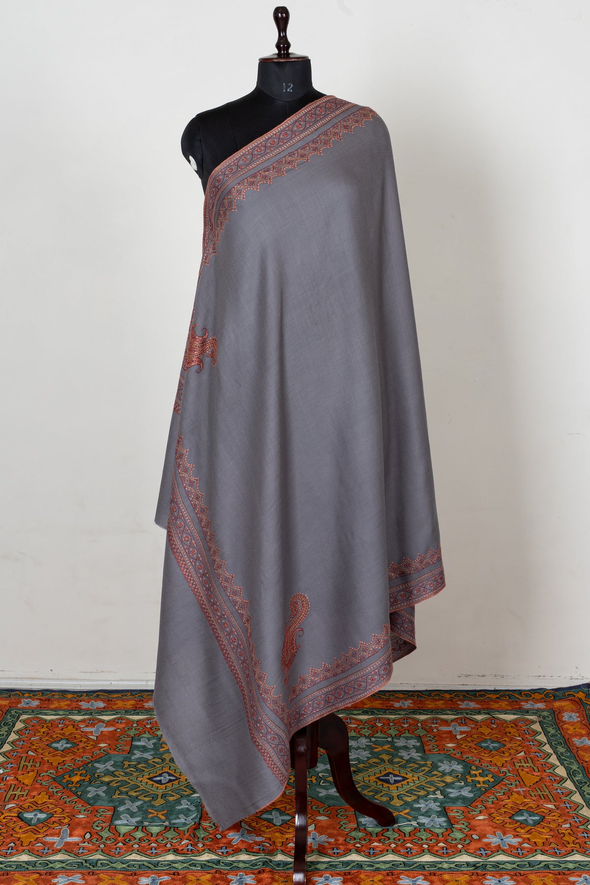 Silver Slate Fine Merino Wool Shawl with Rust Sozni Hand Embroidered Ornamental Borders