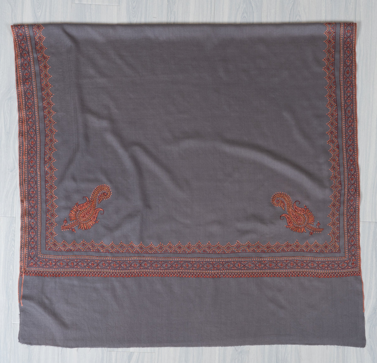 Silver Slate Fine Merino Wool Shawl with Rust Sozni Hand Embroidered Ornamental Borders