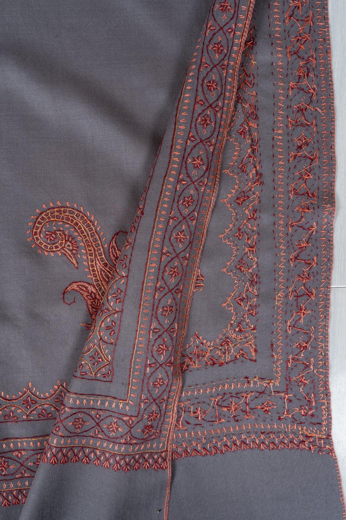 Silver Slate Fine Merino Wool Shawl with Rust Sozni Hand Embroidered Ornamental Borders