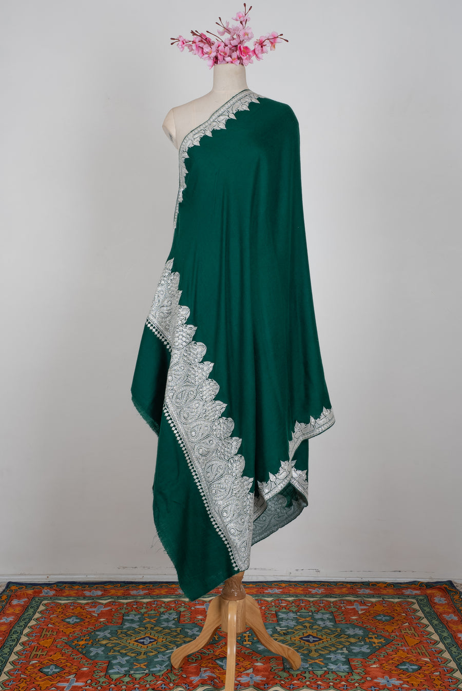 Emerald Veil Tilla Machine Embroidered fine merino wool Shawl