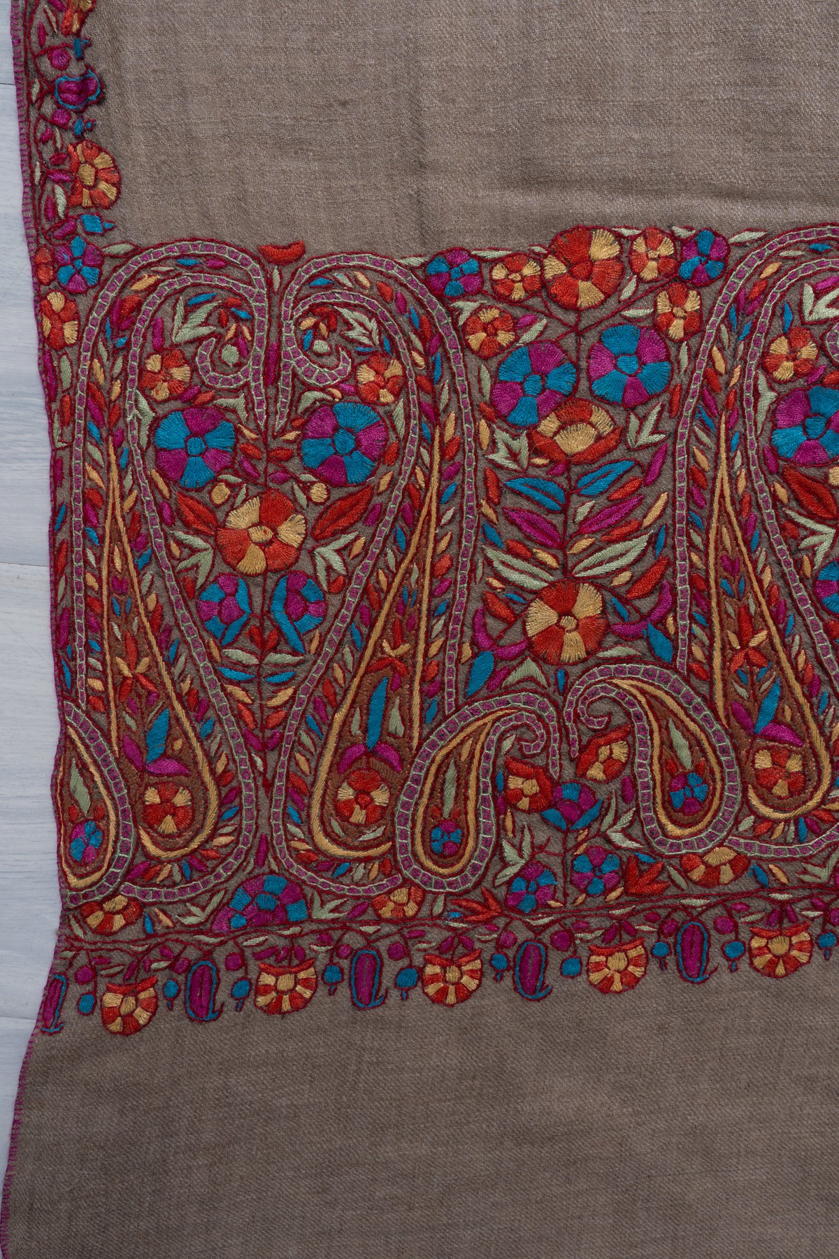Sandstone Elegance Pure Pashmina Shawl with Vibrant Sozni Hand Embroidered Paisley Borders