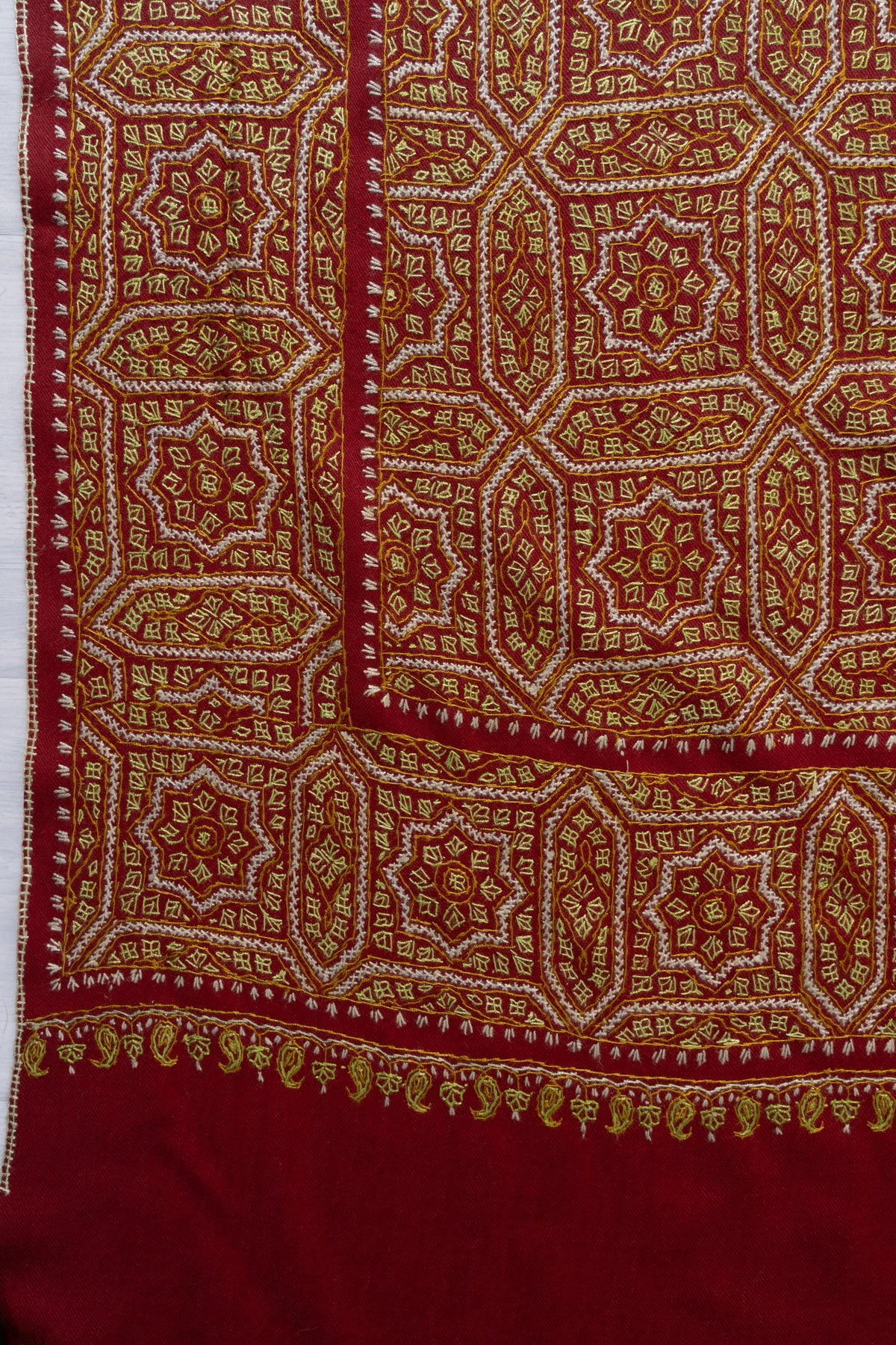 Royal Garnet Fine Merino Wool Shawl with Golden Sozni Hand Embroidered Geometric Patterns