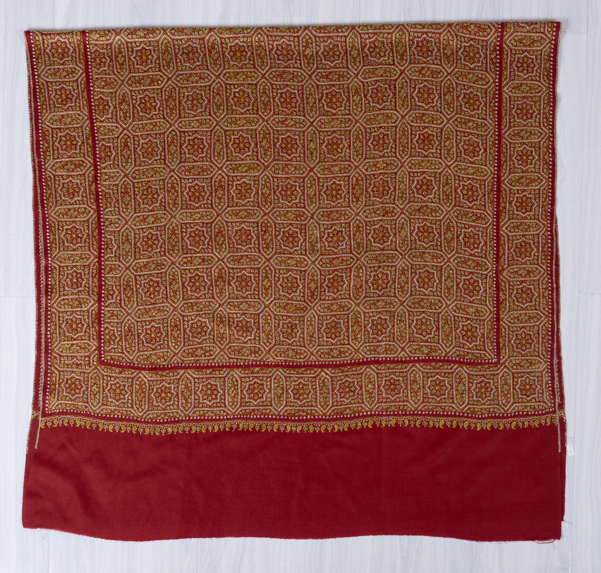 Royal Garnet Fine Merino Wool Shawl with Golden Sozni Hand Embroidered Geometric Patterns