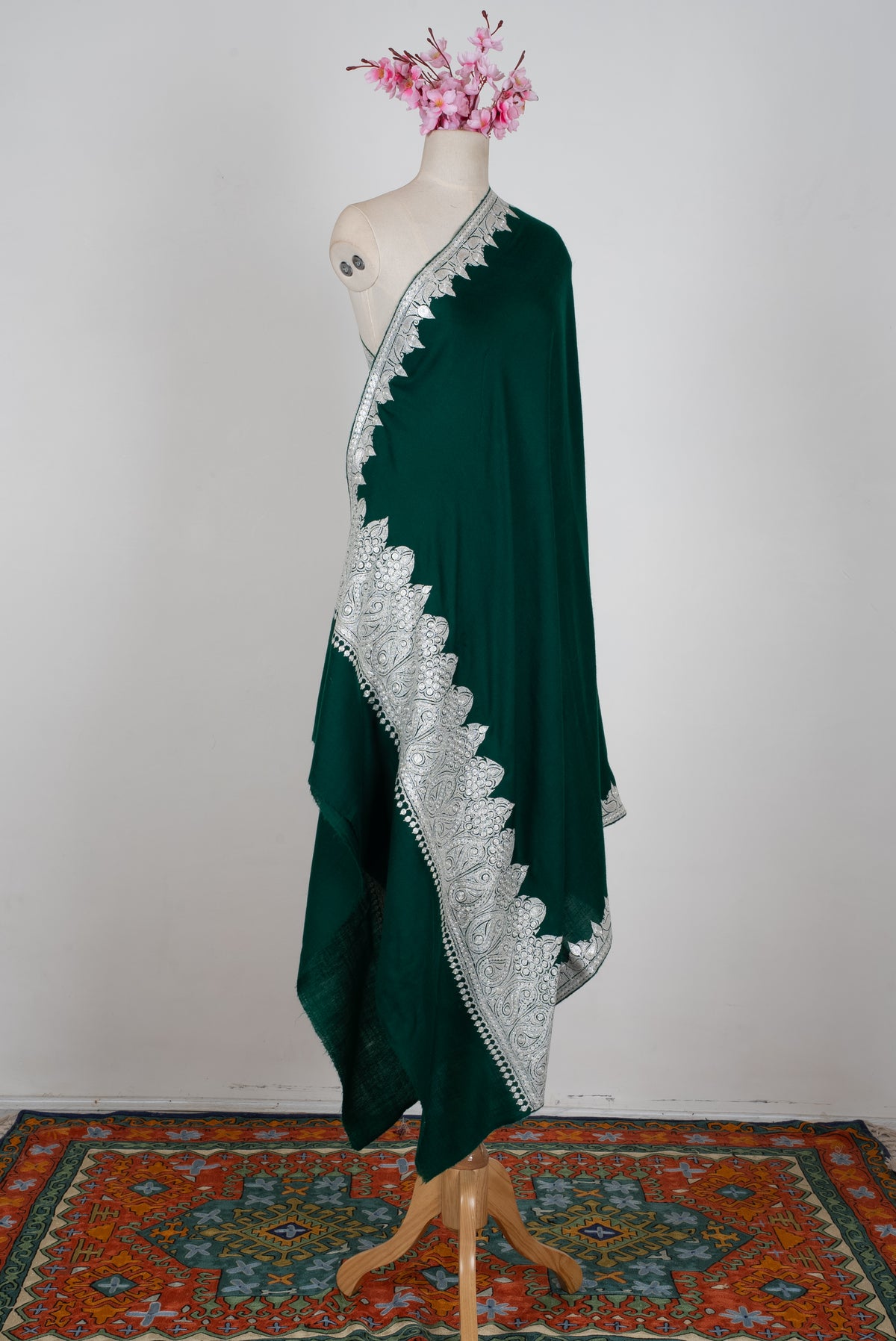 Emerald Veil Tilla Machine Embroidered fine merino wool Shawl