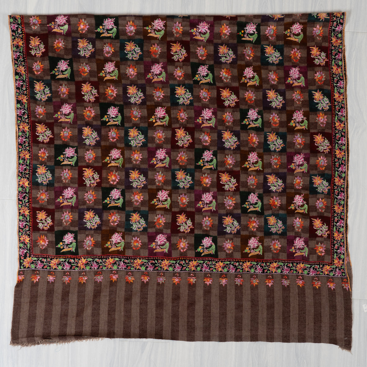 Autumn Tapestry Sozni Hand Embroidered Pure Pashmina Shawl with Multicolored Floral Checks
