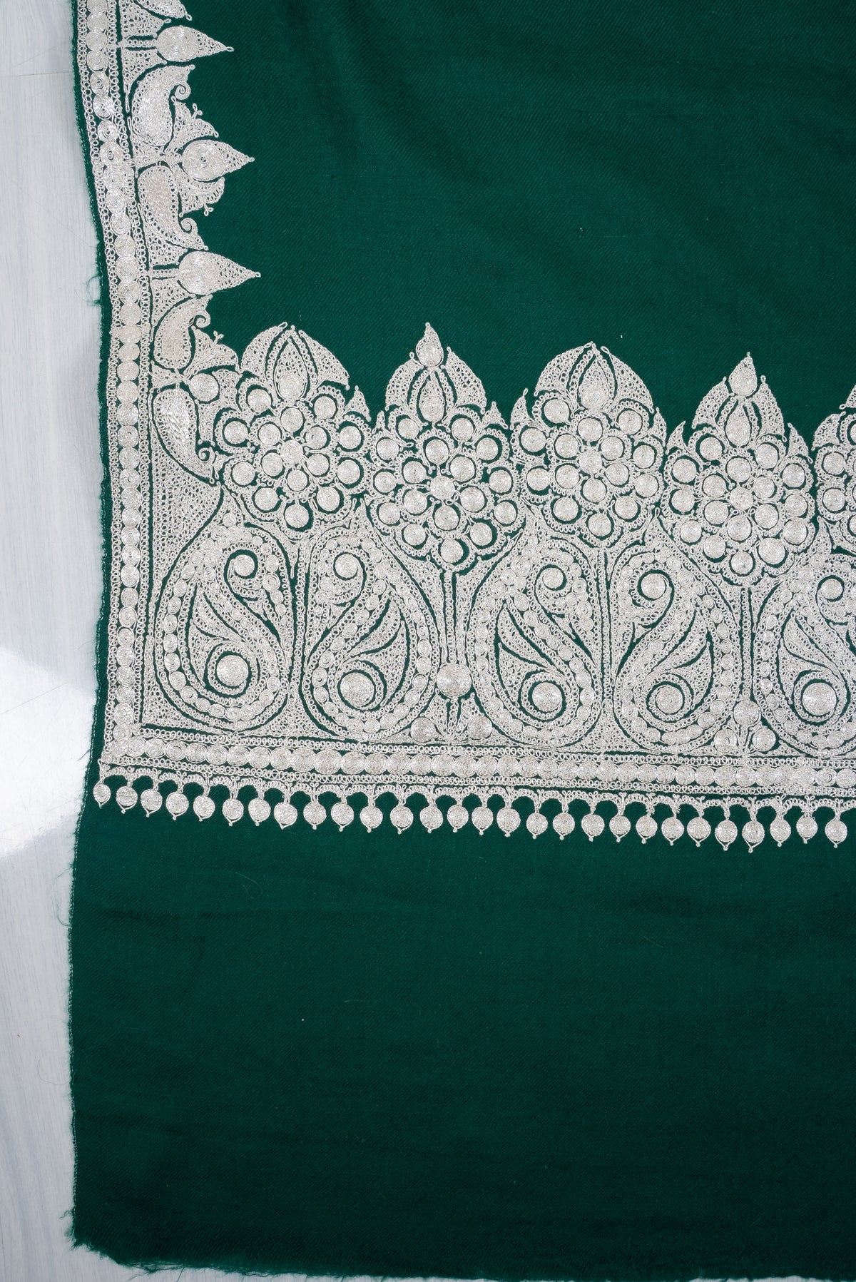 Emerald Veil Tilla Machine Embroidered fine merino wool Shawl