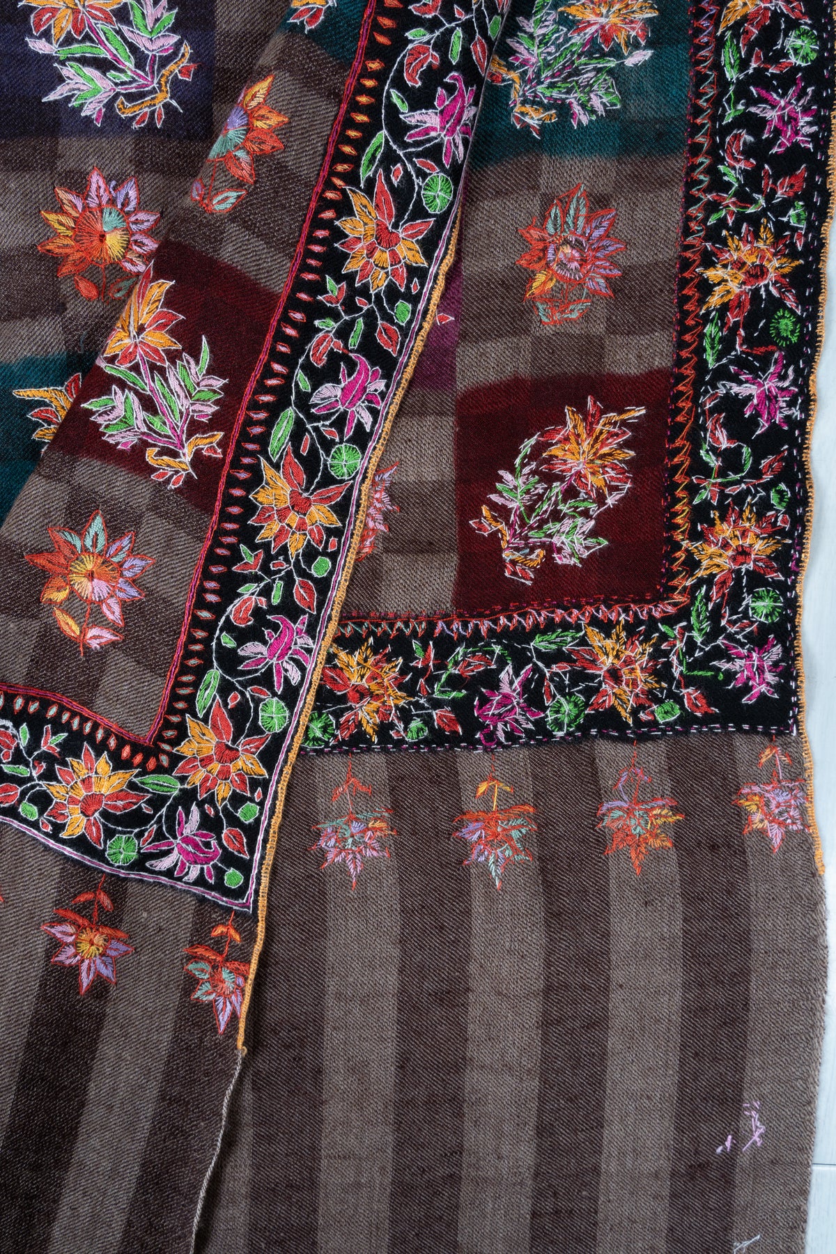 Autumn Tapestry Sozni Hand Embroidered Pure Pashmina Shawl with Multicolored Floral Checks