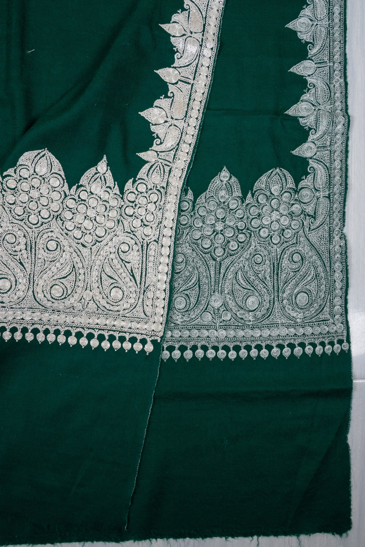 Emerald Veil Tilla Machine Embroidered fine merino wool Shawl