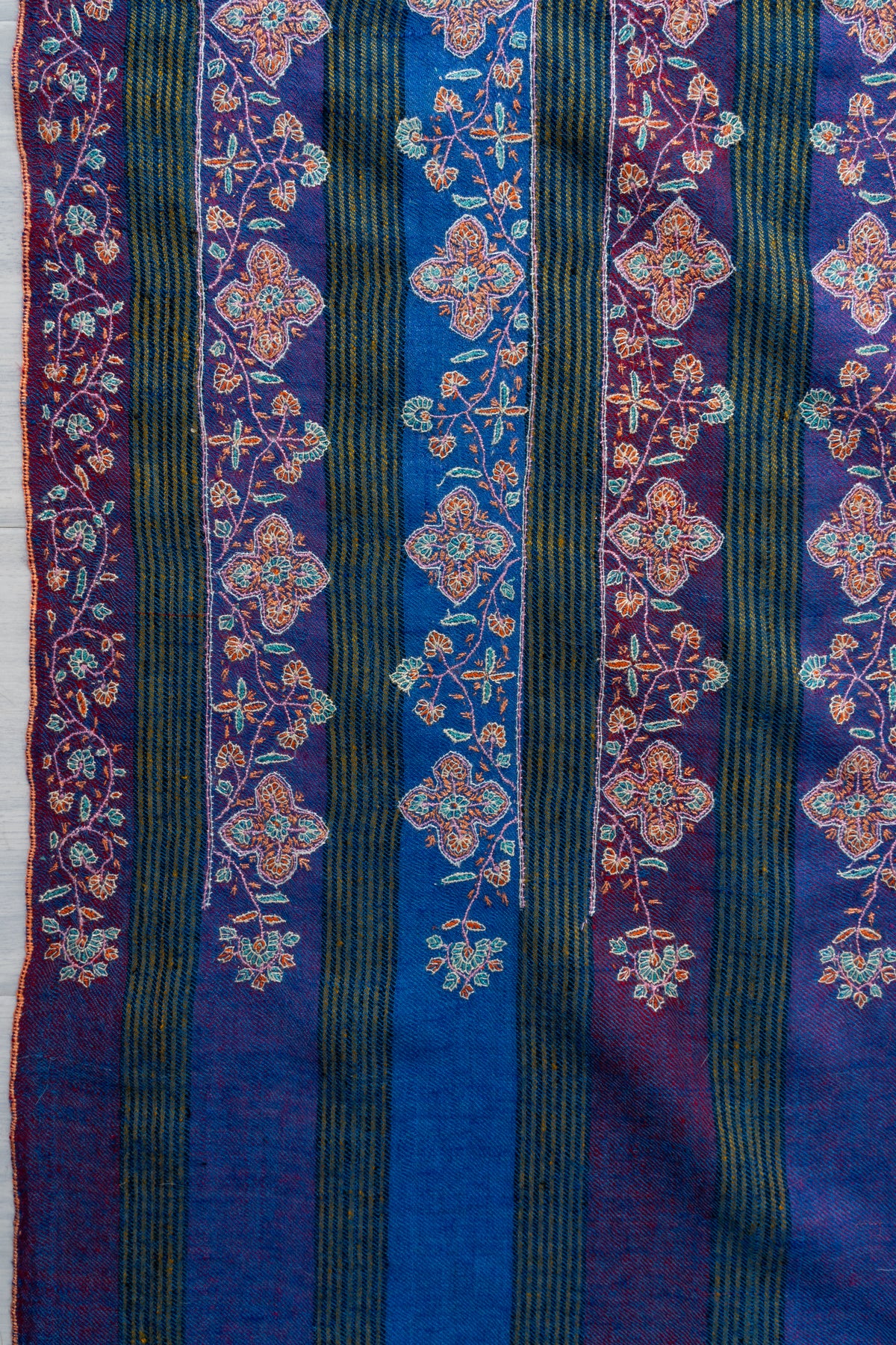 Sapphire and Amethyst Pure Pashmina Shawl with Sozni Hand Embroidered Floral Stripes