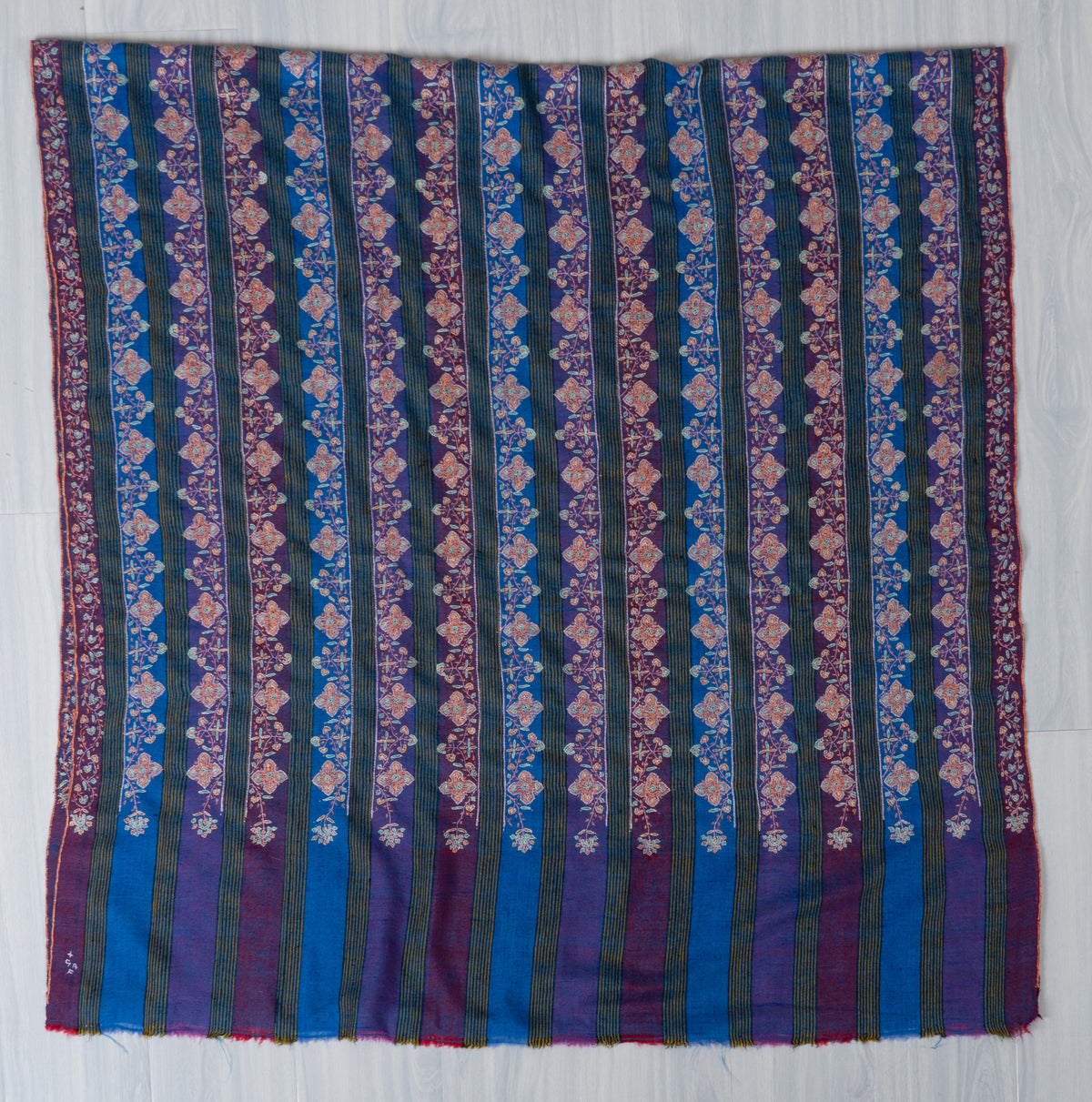 Sapphire and Amethyst Pure Pashmina Shawl with Sozni Hand Embroidered Floral Stripes