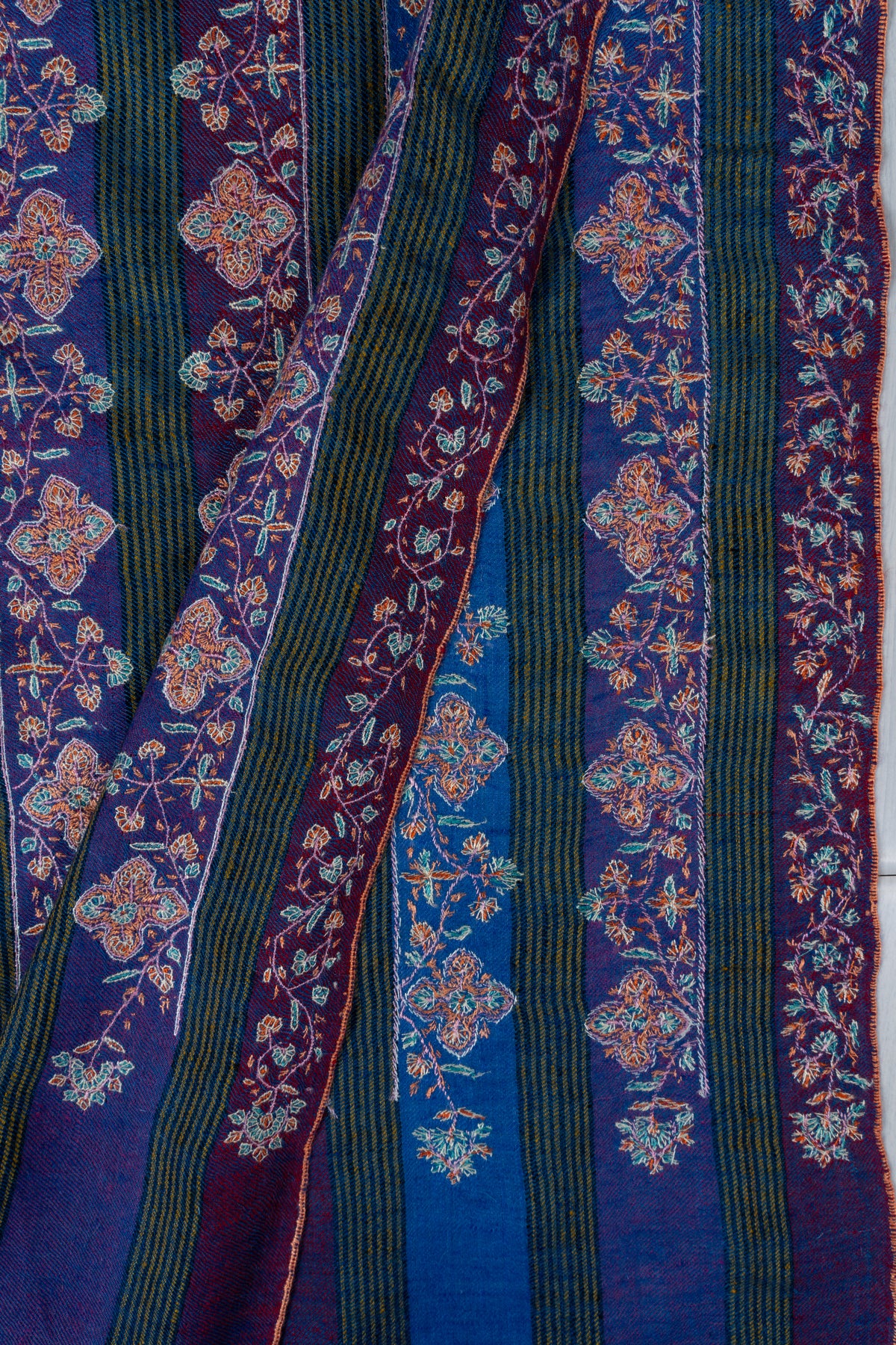 Sapphire and Amethyst Pure Pashmina Shawl with Sozni Hand Embroidered Floral Stripes