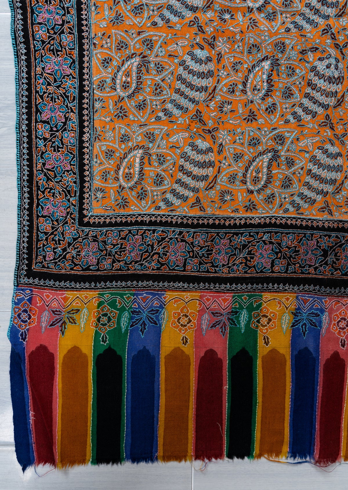 Golden Mosaic Pure Pashmina Shawl with Intricate Sozni Hand Embroidered Geometric Florals
