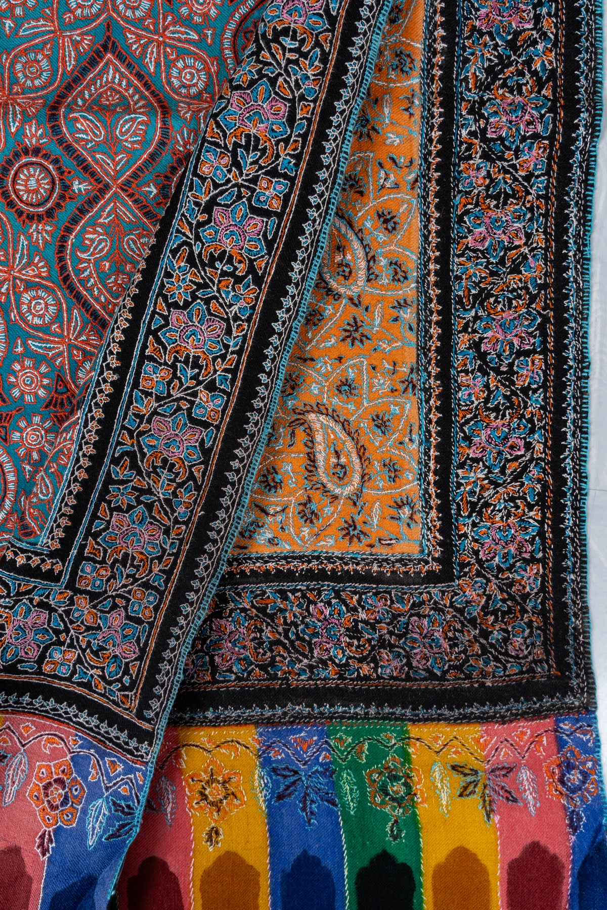 Golden Mosaic Pure Pashmina Shawl with Intricate Sozni Hand Embroidered Geometric Florals