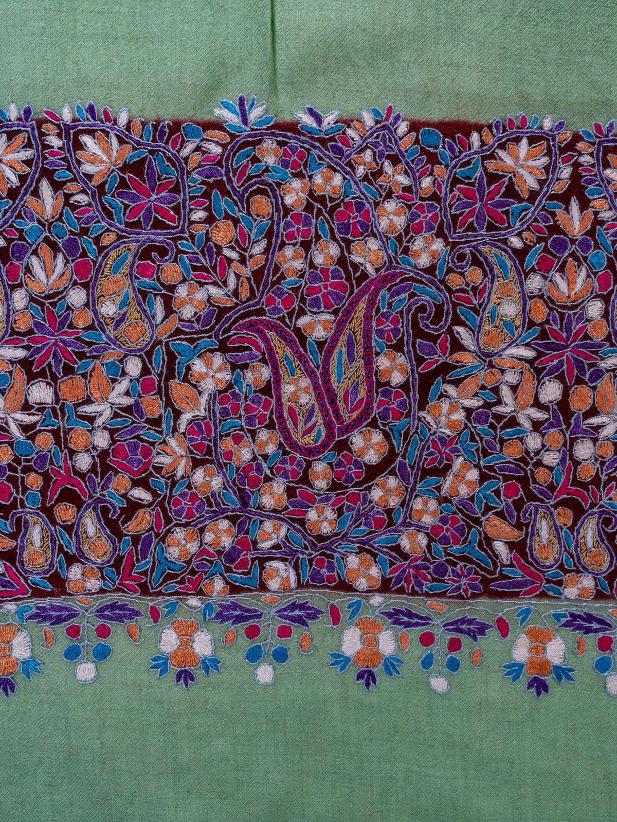 Mint Green Pure Pashmina Shawl with Vibrant Sozni Hand Embroidered Floral Paisleys