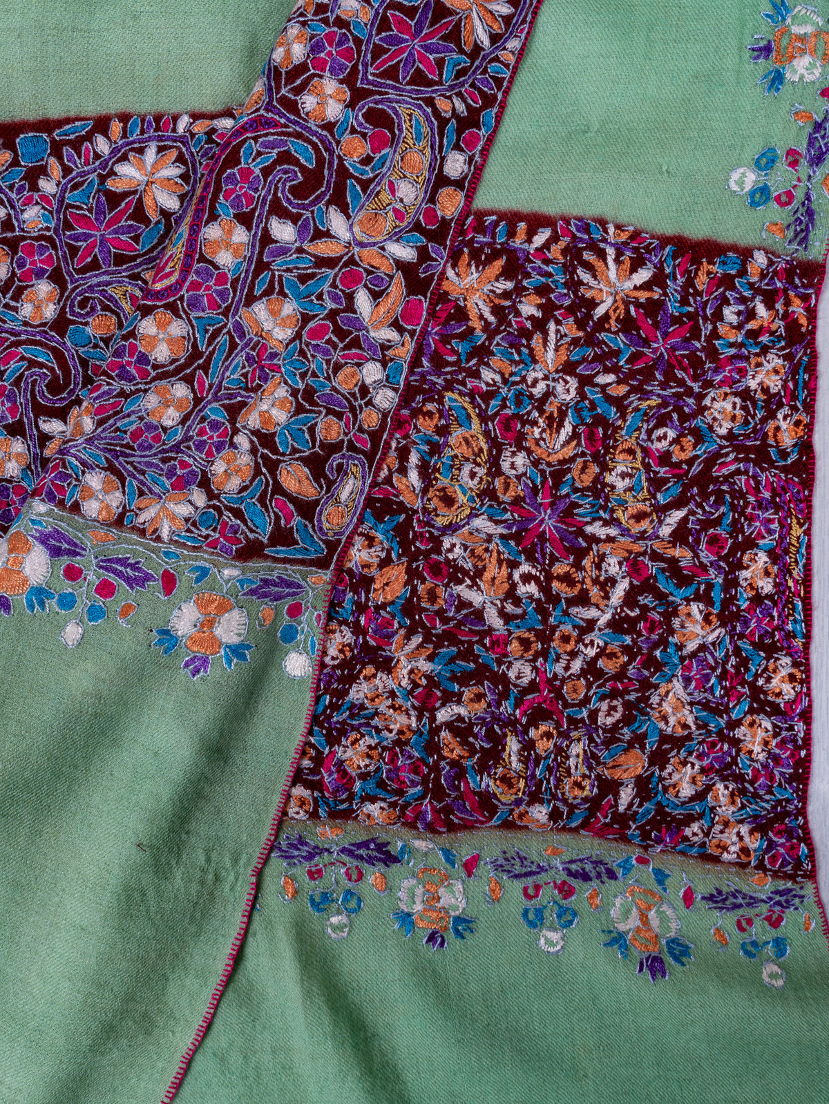 Mint Green Pure Pashmina Shawl with Vibrant Sozni Hand Embroidered Floral Paisleys